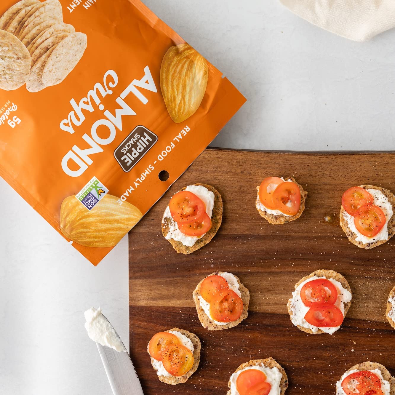 HIPPIE SNACKS CHEEZY CHIVE ALMOND CRISPS - Plant-Based, High Protein, Gluten Free Vegan Snacks - Keto Friendly Crackers for Charcuterie Boards, Parties & Healthy On-The-Go Snacking - 70g (Pack of 4)