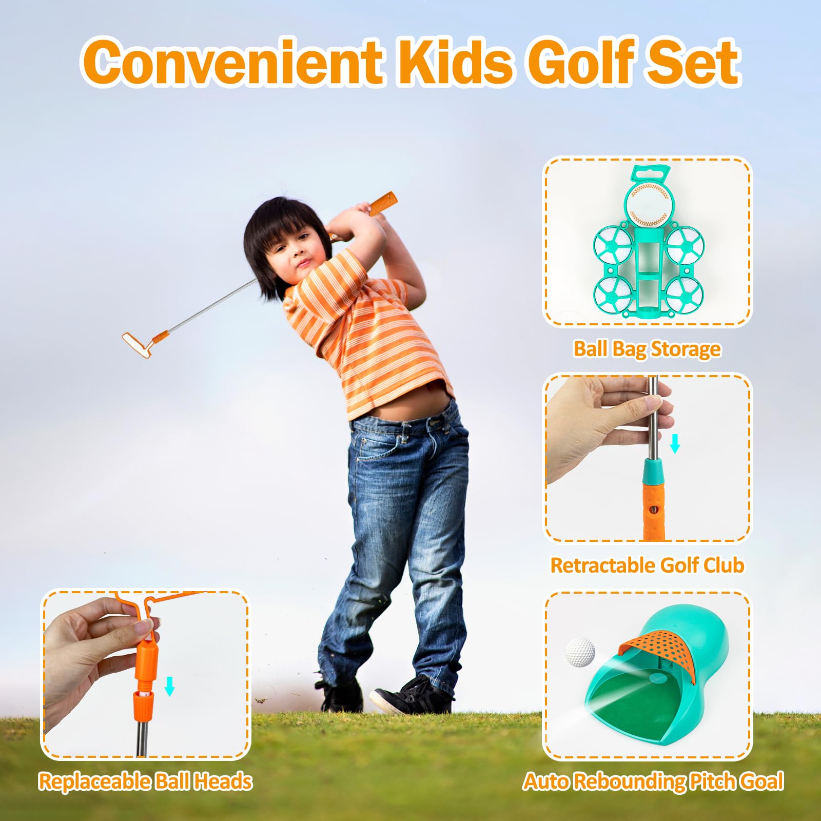 KalaDuck Kids Golf Set with Retractable Golf Clubs, Golf Mat, Golf Balls, Golf Tees & Holes - Perfect Outdoor Sports Gift for Boys & Girls - Ideal for Backyard Practice, Birthday Parties & Family Fun