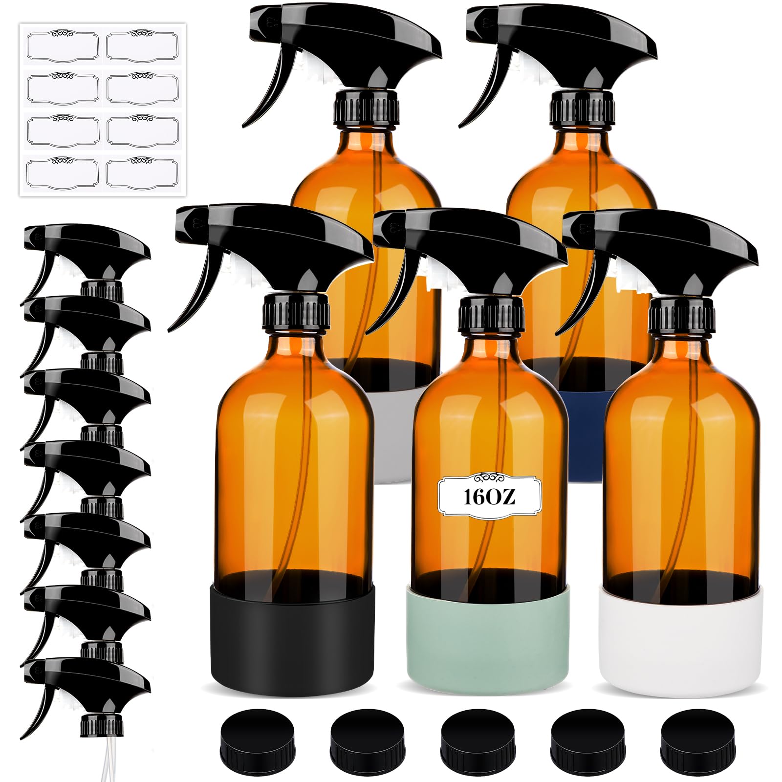 5 Pack 16 Oz Glass Spray Bottles with Silicone Sleeve - Refillable Empty Bottles with Upgraded Adjustable Nozzle for Cleaning, Essential Oils, Hair Care & DIY Projects - Perfect for Home, Kitchen, Bathroom & Garden Use (Amber)