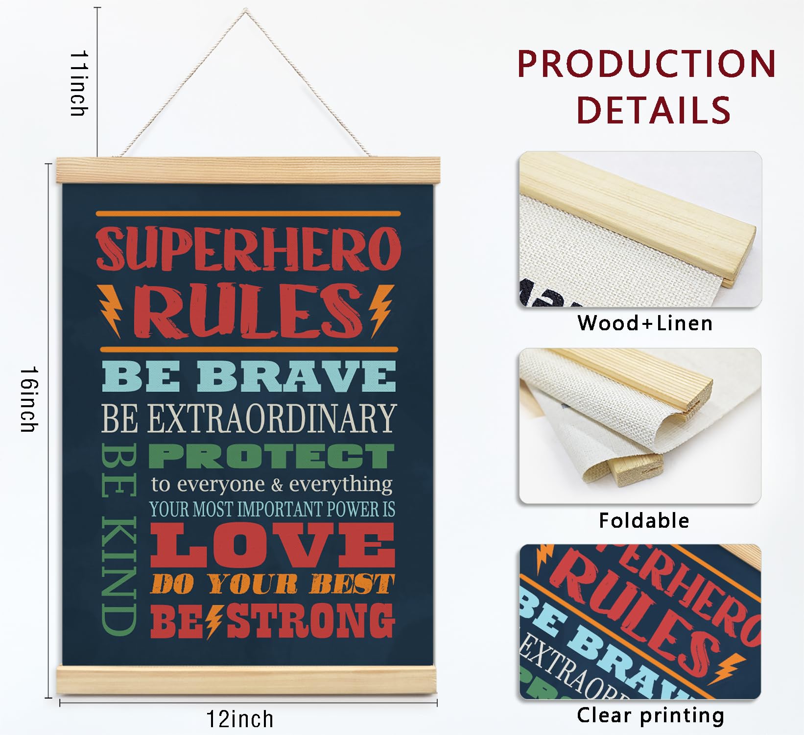 Foedor Inspirational Superhero Rules Wall Art Poster - 12x16 Inch Motivational Quote Decor for Kids Room, Nursery, Boy Bedroom & Playroom - Perfect Superhero Themed Room Decor for Children's Bedrooms & Play Areas