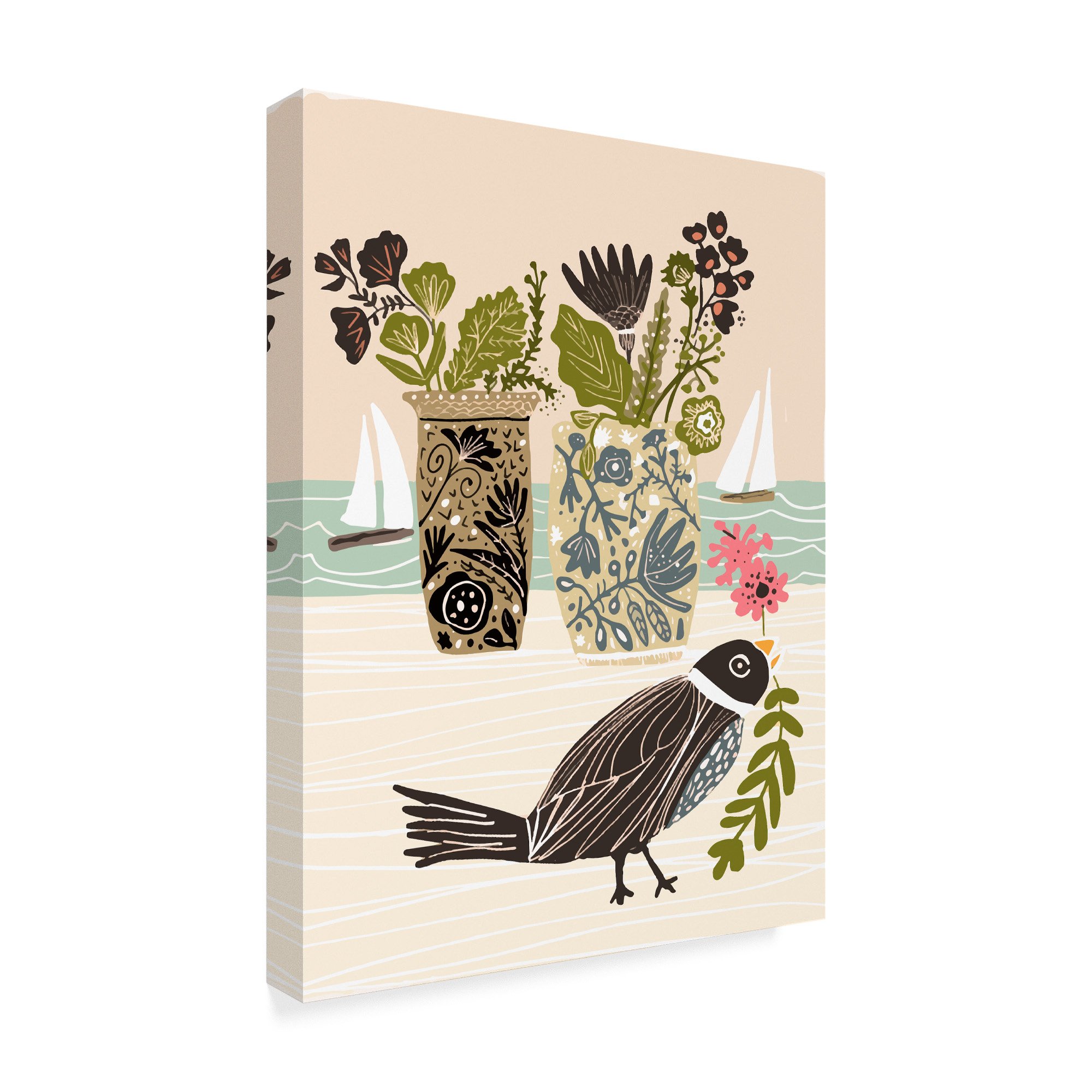 Karen Fields Bird With Vases Wall Art - 18x24 Inch Canvas Print - Home Decor for Living Room, Bedroom & Office