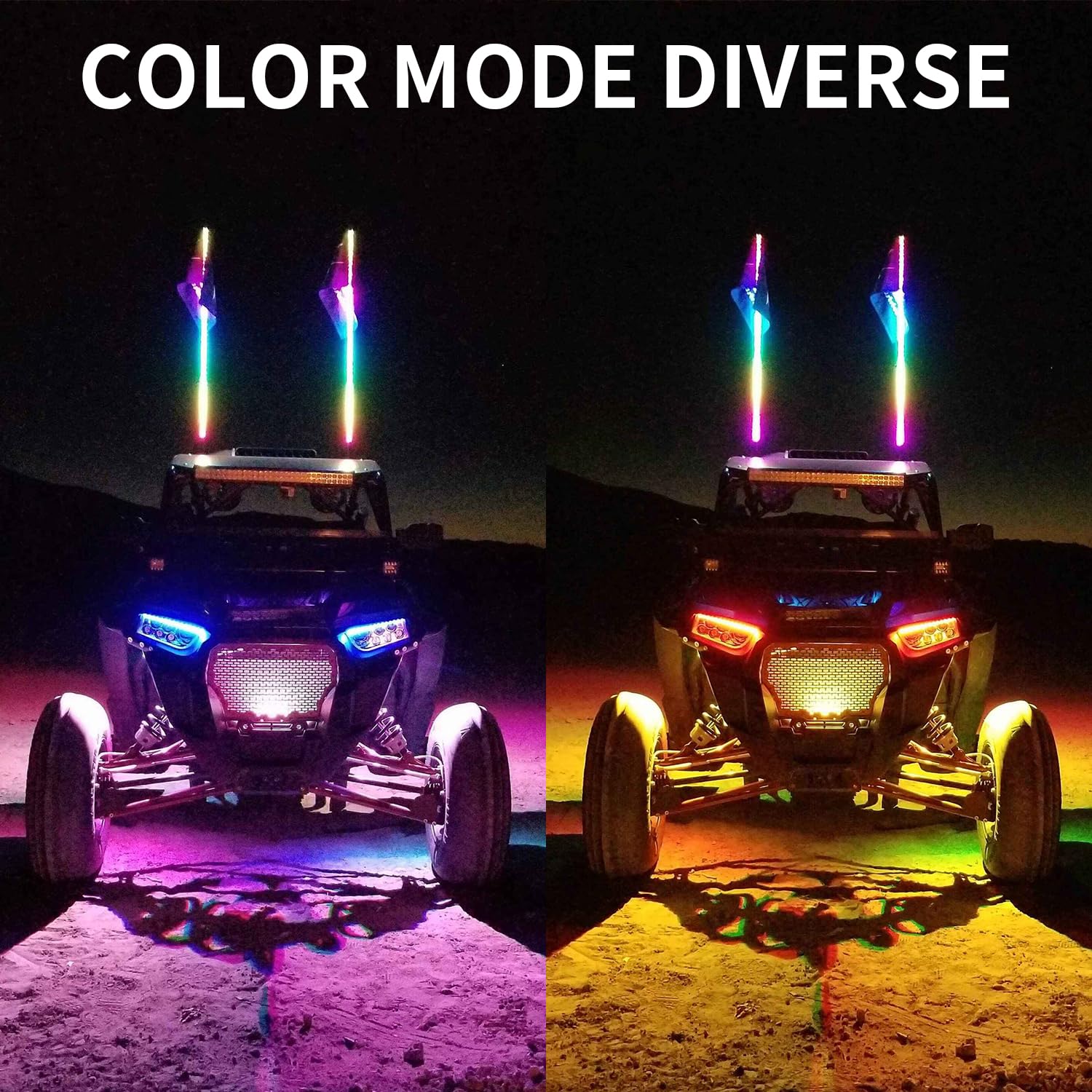 OHMU 2PCS 3FT LED Whip Lights & 8-Pod Rock Lights Kit with Bluetooth App Control - Offroad Vehicle LED Light Bar for Jeep, Truck, ATV, UTV - Waterproof Neon Underglow & Safety Warning Lights for Night Driving & Outdoor Adventures