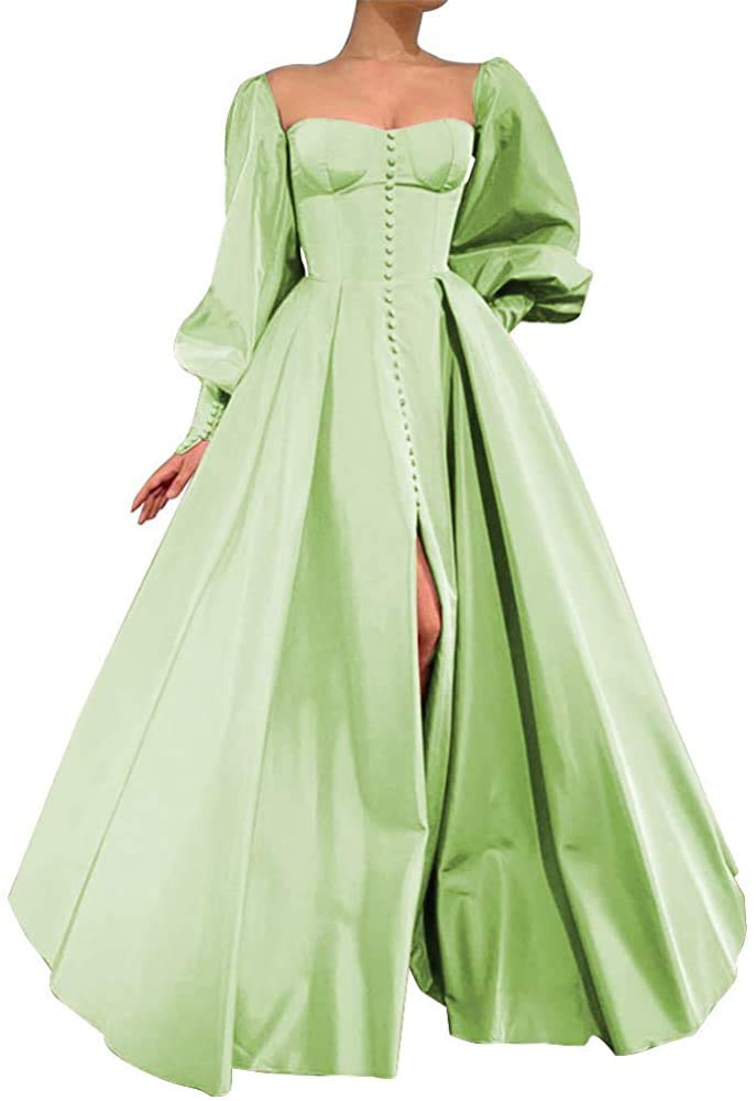 Elegant Ball Gowns for Women - Long Puffy Sleeve Prom Dresses in Satin Fabric, Formal Evening Party Gowns with Thigh Split (Size US22W) for Homecoming, Quinceañera & Black Tie Events