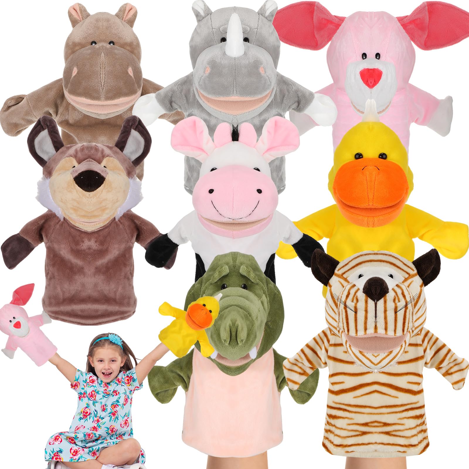 Syhood 8 Pcs Animal Hand Puppets for Kids - Movable Mouth Plush Toys for Storytelling, Birthday Gifts & Easter Basket Stuffers - Perfect for Toddler Playtime, Classroom Activities & Interactive Learning (Lovely Animal Set)