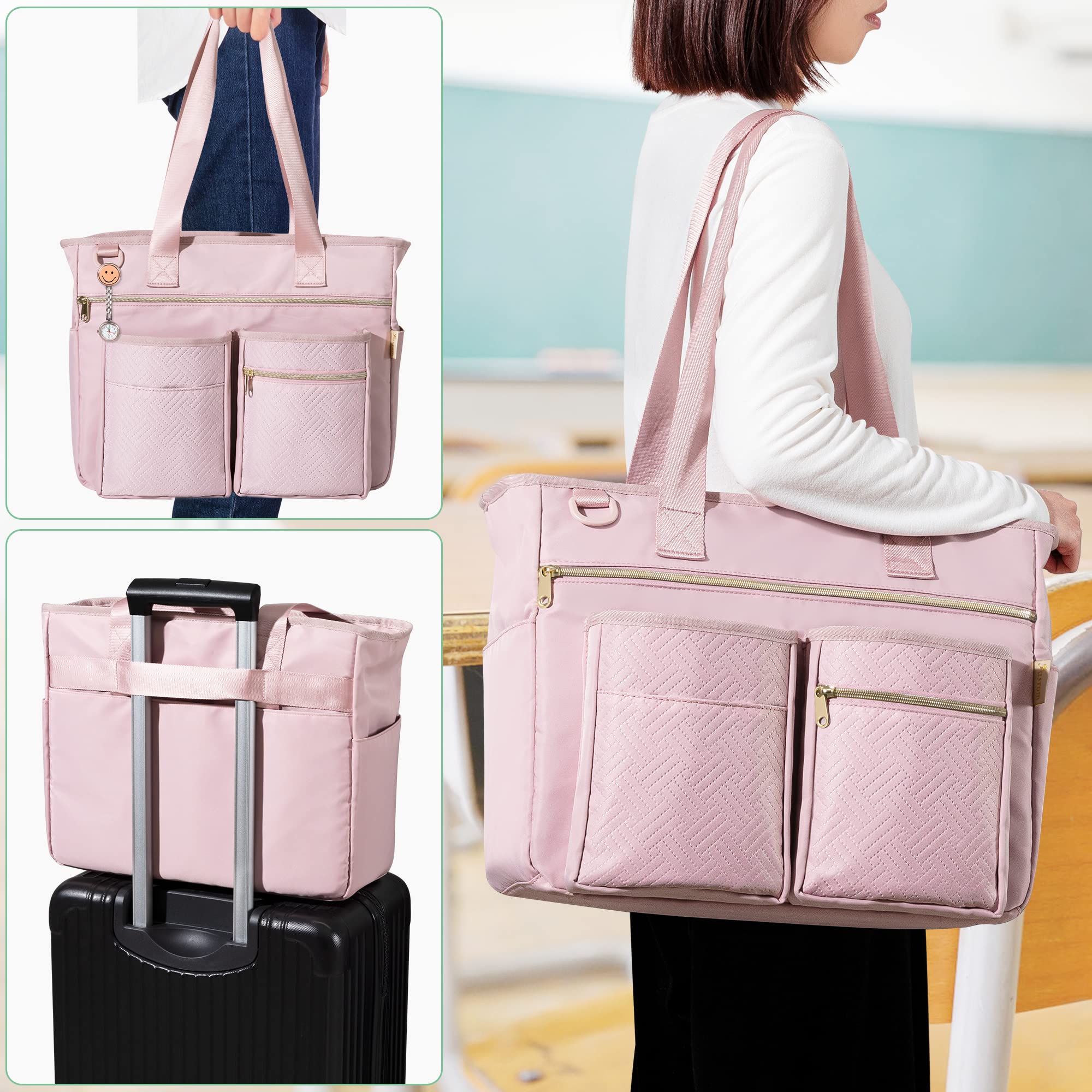 Professional Teacher Tote Bag for Women - Large Work Bag with Padded Laptop Compartment (Fits 14 Inch Laptop) & Multiple Pockets for School Supplies - Stylish Pink Patent Design - Perfect for Teachers, Professors & Educators (Classroom, Office, Commuting)