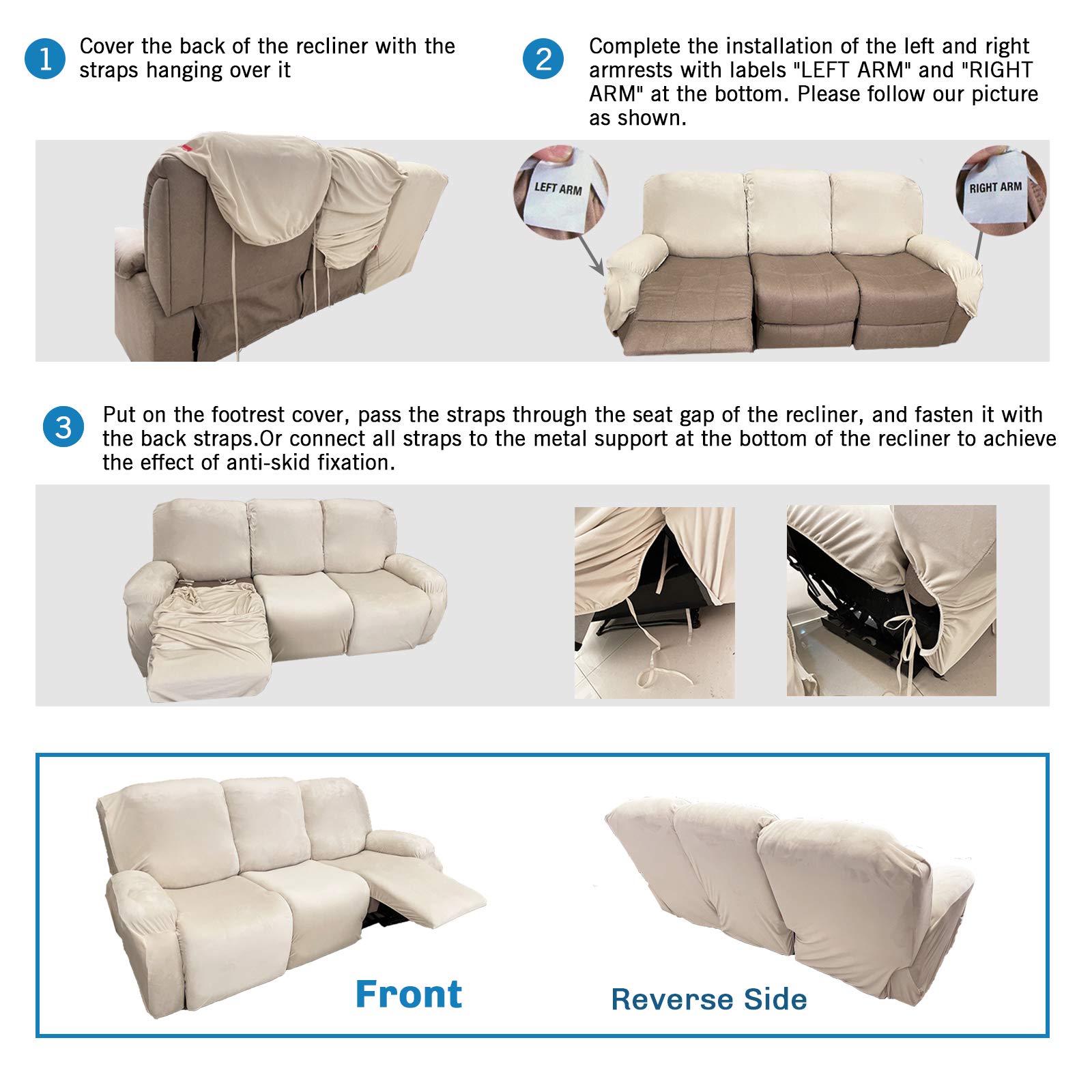 MAXIJIN 8-Piece Stretch Velvet Recliner Sofa Covers - Soft Washable Slipcovers for 3-Cushion Reclining Couches (Grey) | Perfect for Living Room, Home Theater & Family Room Furniture Protection