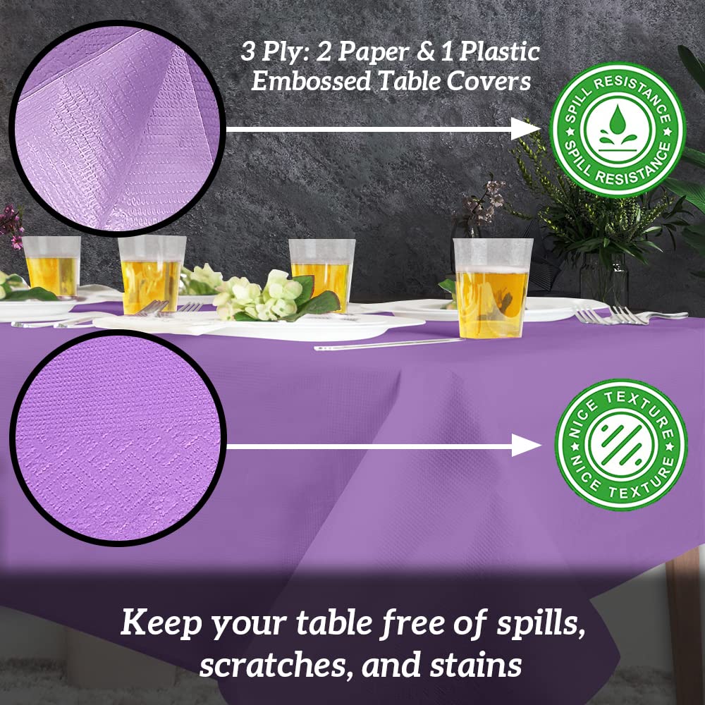 40 Pack Disposable Table Covers 54x108 Inches - 3 Ply Paper & Plastic Tablecloths for Parties, Events, Picnics | Purple Party Decorations & Dining Protection