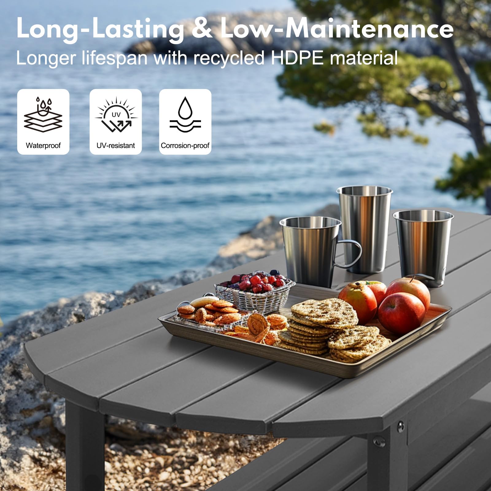 PASAMIC HDPE Outdoor Coffee Table with 2-Tier Storage - Weather-Resistant Rectangular Patio Dining Table for Poolside, Deck, Backyard - Durable Gray Garden Furniture for Outdoor Entertaining & Relaxation