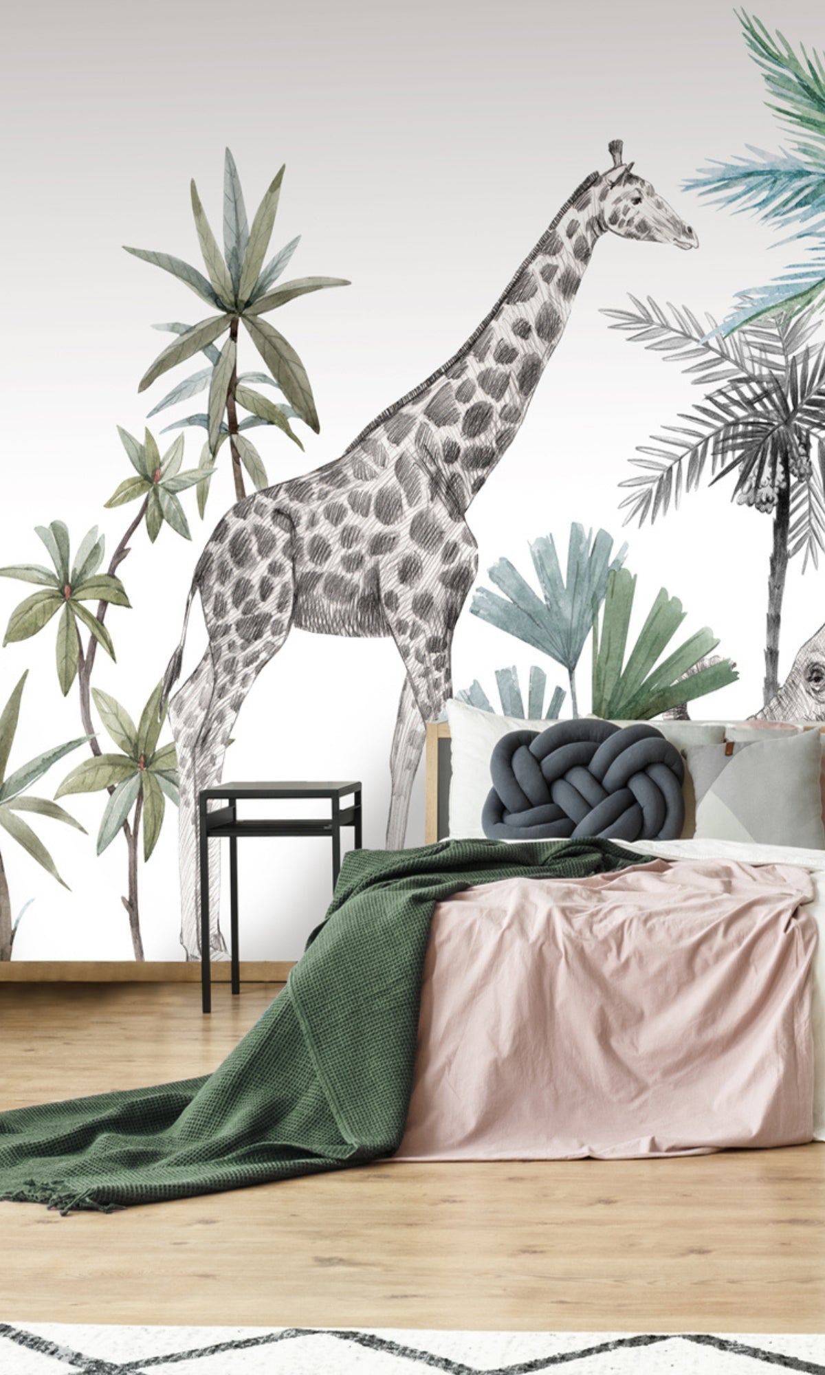 Gray Watercolor Safari Animal Mural Wallpaper M1457 Sample - Peel and Stick Removable Wallpaper for Nursery, Kids Room Decor & Home Office Accent Wall