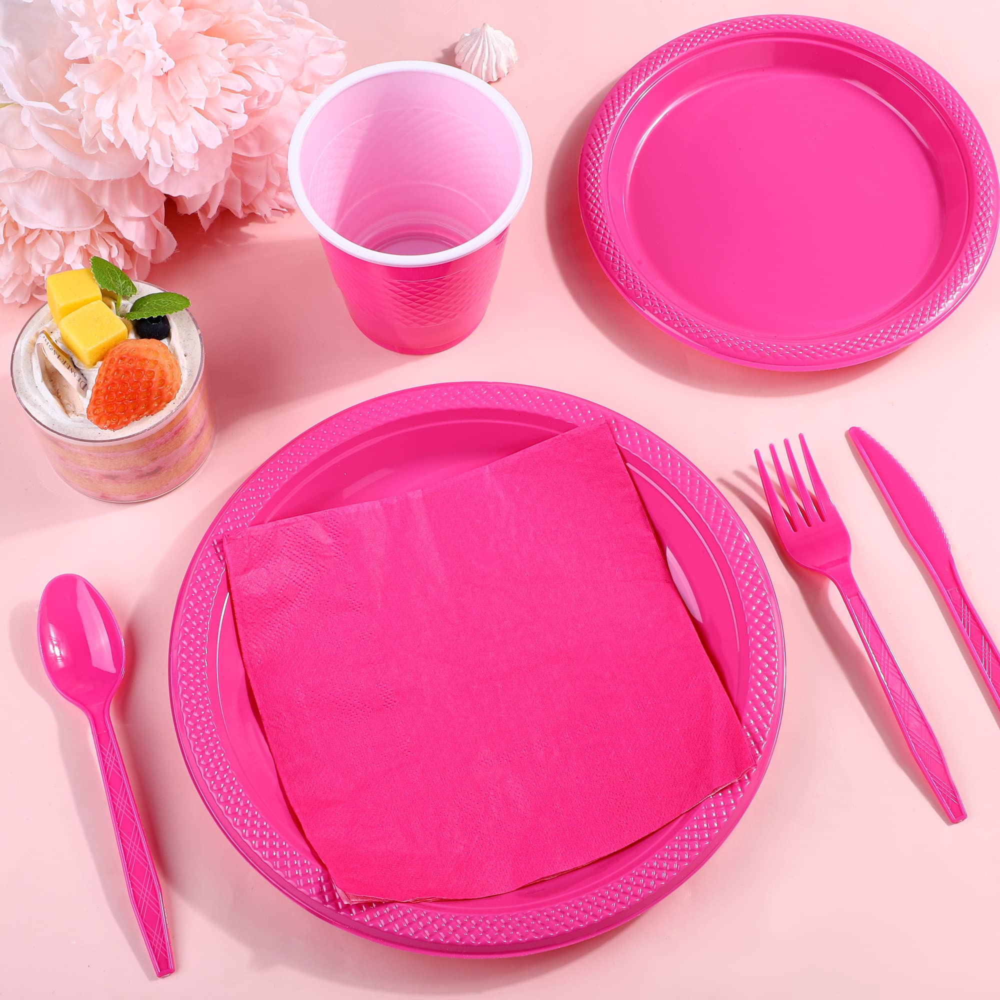 ADXCO 168-Piece Hot Pink Disposable Party Dinnerware Set - Plates, Cups, Utensils & Napkins for 24 Guests | Perfect for Birthday, Wedding, Graduation & Baby Showers | Elegant Tableware for Indoor & Outdoor Celebrations