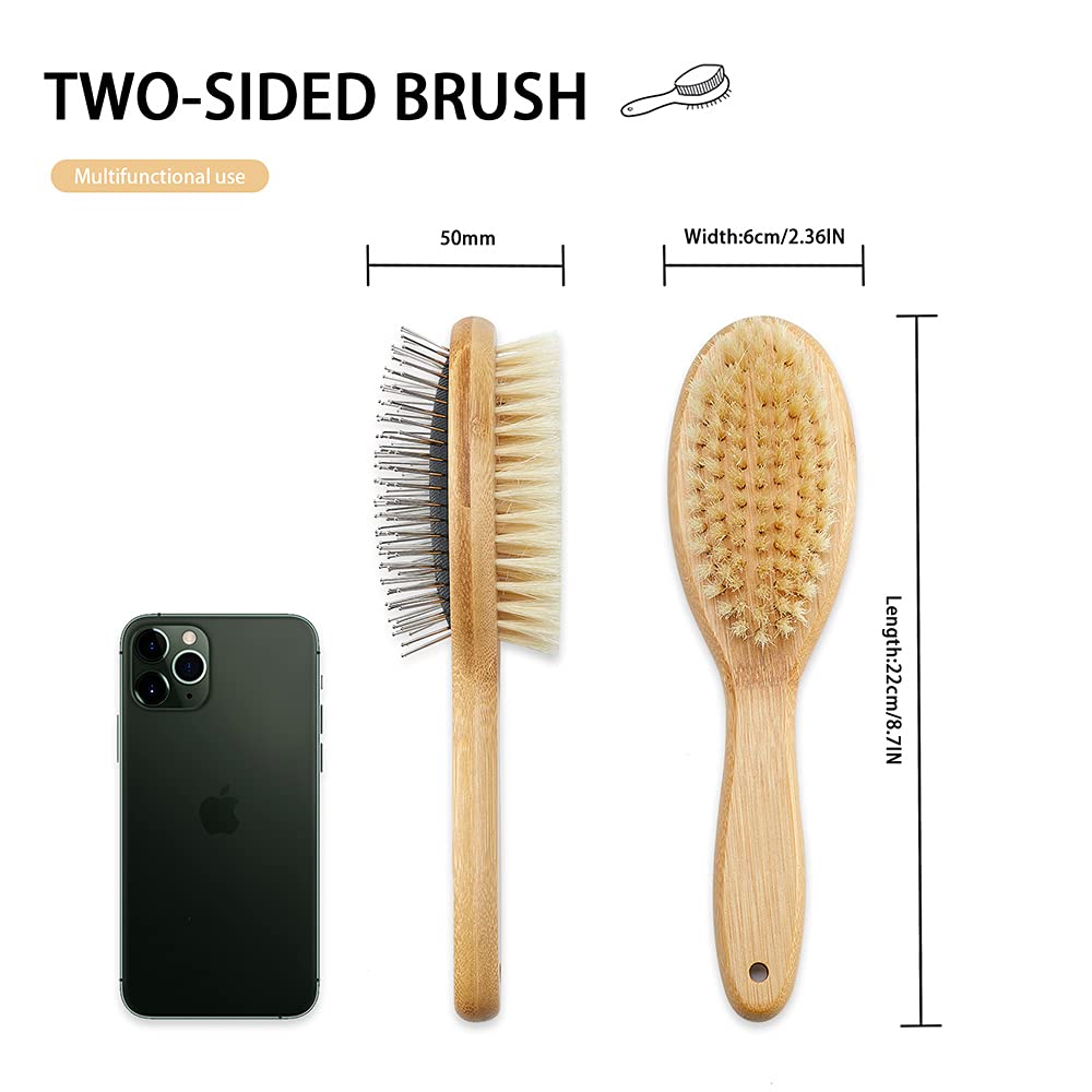 Double Sided Dog & Cat Brush - Boar Bristle & Pin Pet Grooming Brush for Shedding Control - Bamboo Handle for Long & Short Hair - 4 Pack Dog Comb Set (Black & Yellow) - Perfect for Daily Pet Grooming & Hair Removal at Home