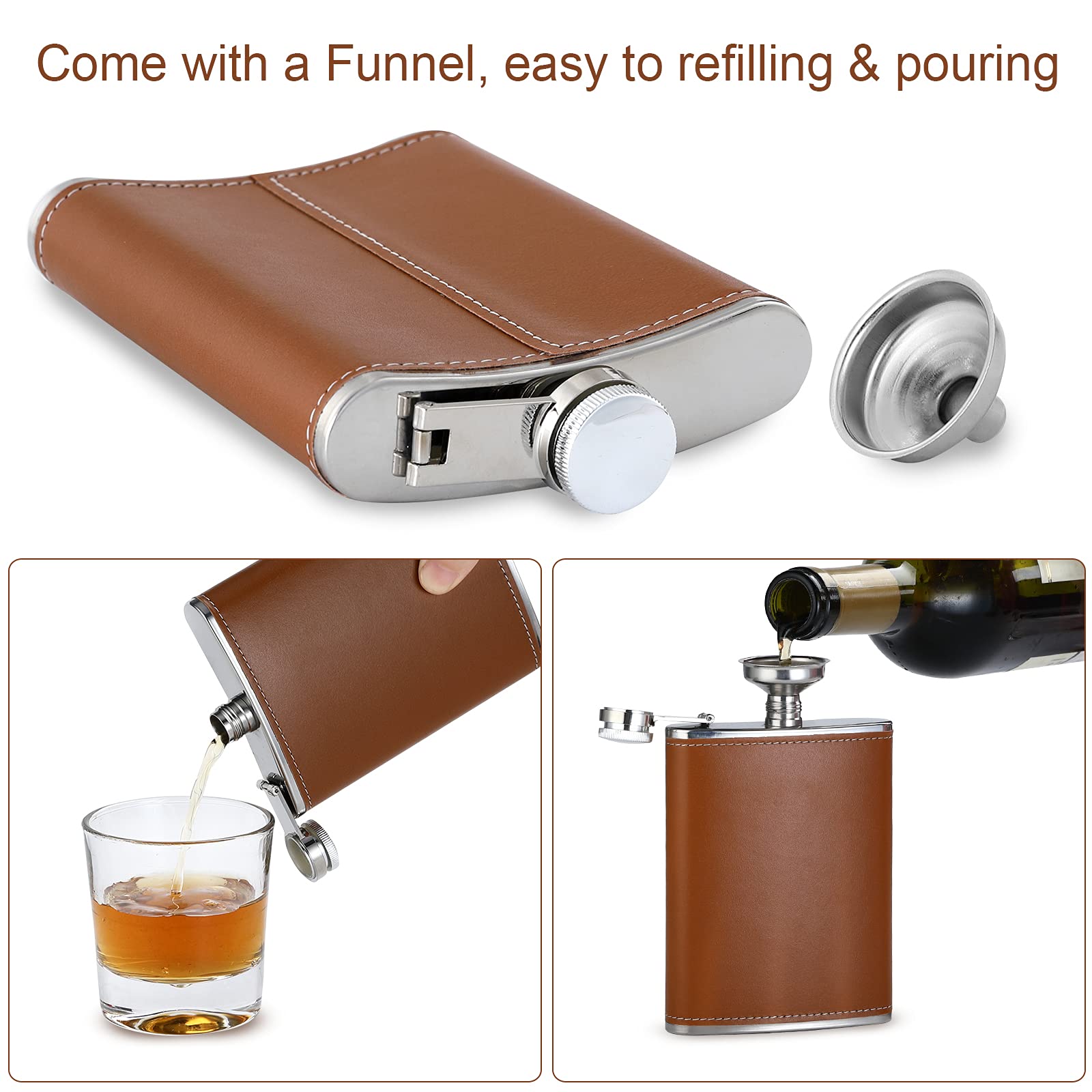 Premium 8 Oz Stainless Steel Leather Hip Flask with Funnel - Great for Whiskey, Bourbon & Liquor - Perfect Gift Set for Men, Camping, Weddings & Parties (Set of 8) - Durable & Leakproof for Outdoor Adventures & Special Occasions