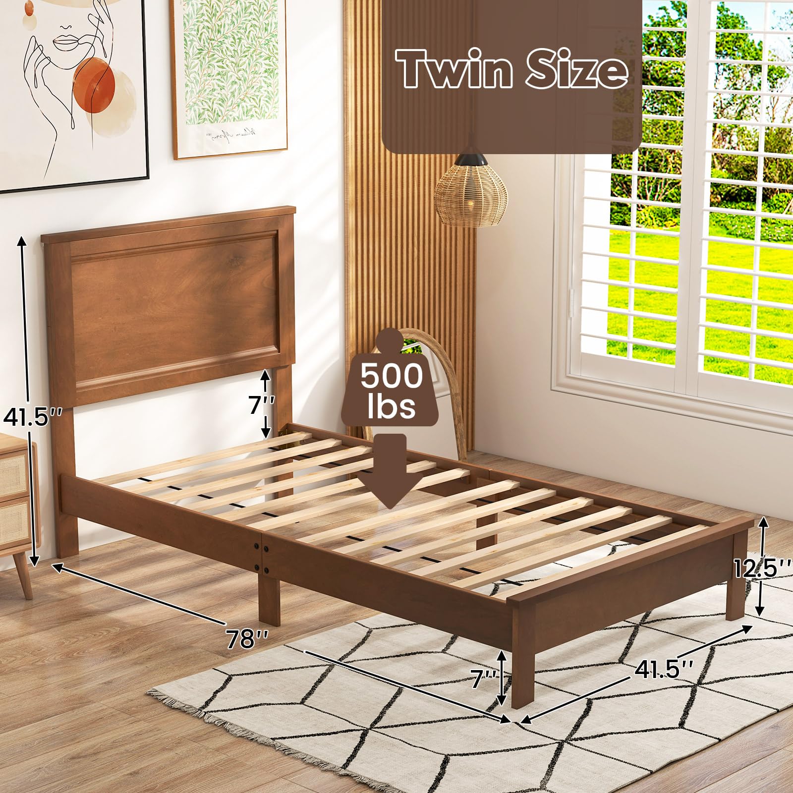 Giantex Solid Wood Twin Bed Frame with Headboard - Mid Century Modern Platform Bed with Wooden Slats & Sturdy Legs - Twin Size Bed for Kids & Adults - Walnut Finish - Perfect for Bedrooms, Guest Rooms & Dormitories