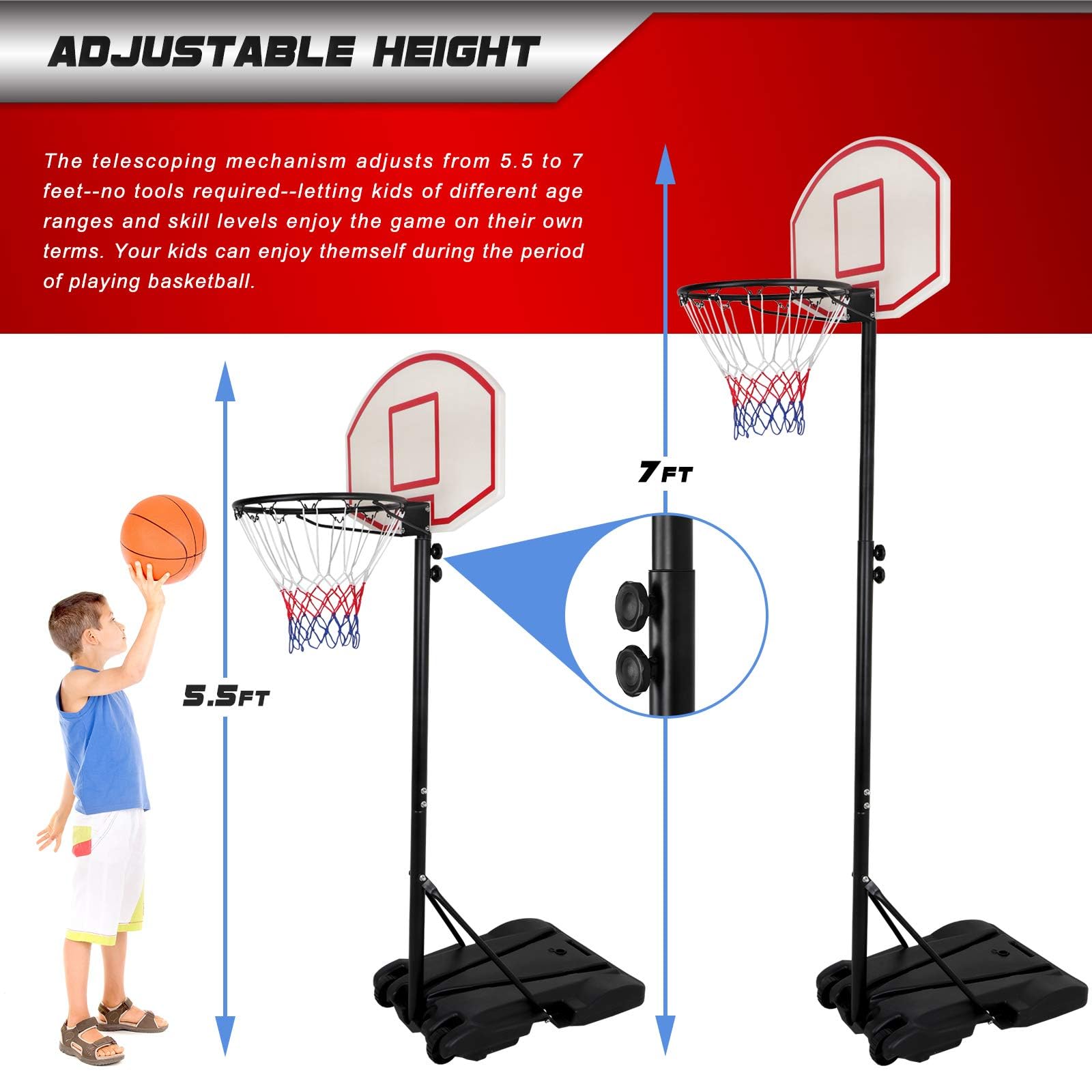 Adjustable 5.4-7ft Kids Basketball Hoop Stand with 28