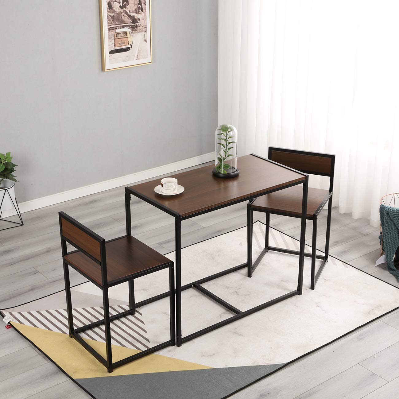 SogesPower 3-Piece Dining Table Set - Breakfast Nook & Kitchen Table with 2 Chairs, Walnut Finish - Perfect for Small Spaces, Apartments, and Home Offices