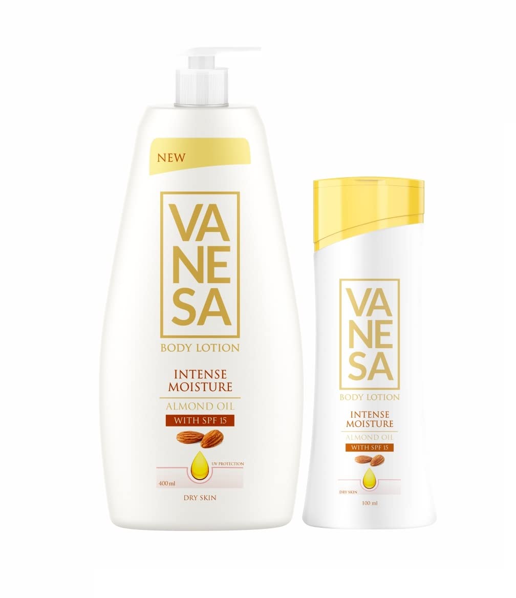 VANESA Intense Moisture Almond Body Lotion with SPF 15 (400ml + 100ml Combo Set) - Non-Greasy Daily Moisturizer for Glowing Skin | All Skin Types | Perfect for Dry Skin Care, Summer Protection & Travel Essentials