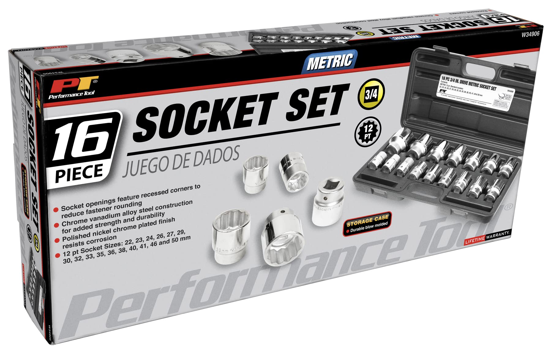 Performance Tool W34906 16-Piece 3/4-Inch Drive Metric Socket Set - 12-Part MM Socket Kit for Automotive Repair & Mechanical Maintenance