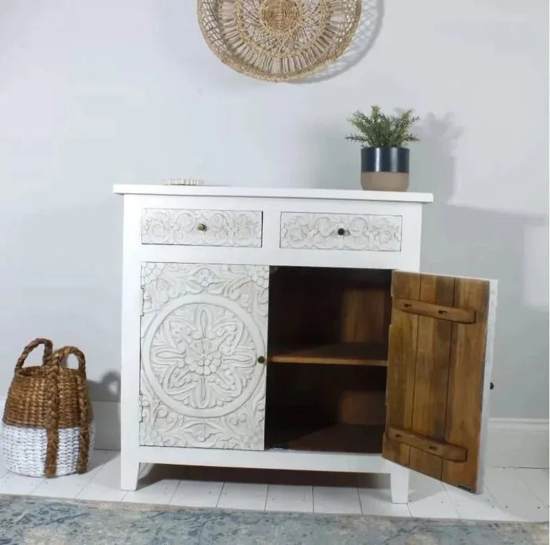 Hand Carved Wooden Storage Cabinet - Small Sideboard with Intricate Designs | Perfect for Living Room, Bedroom, or Entryway Organization