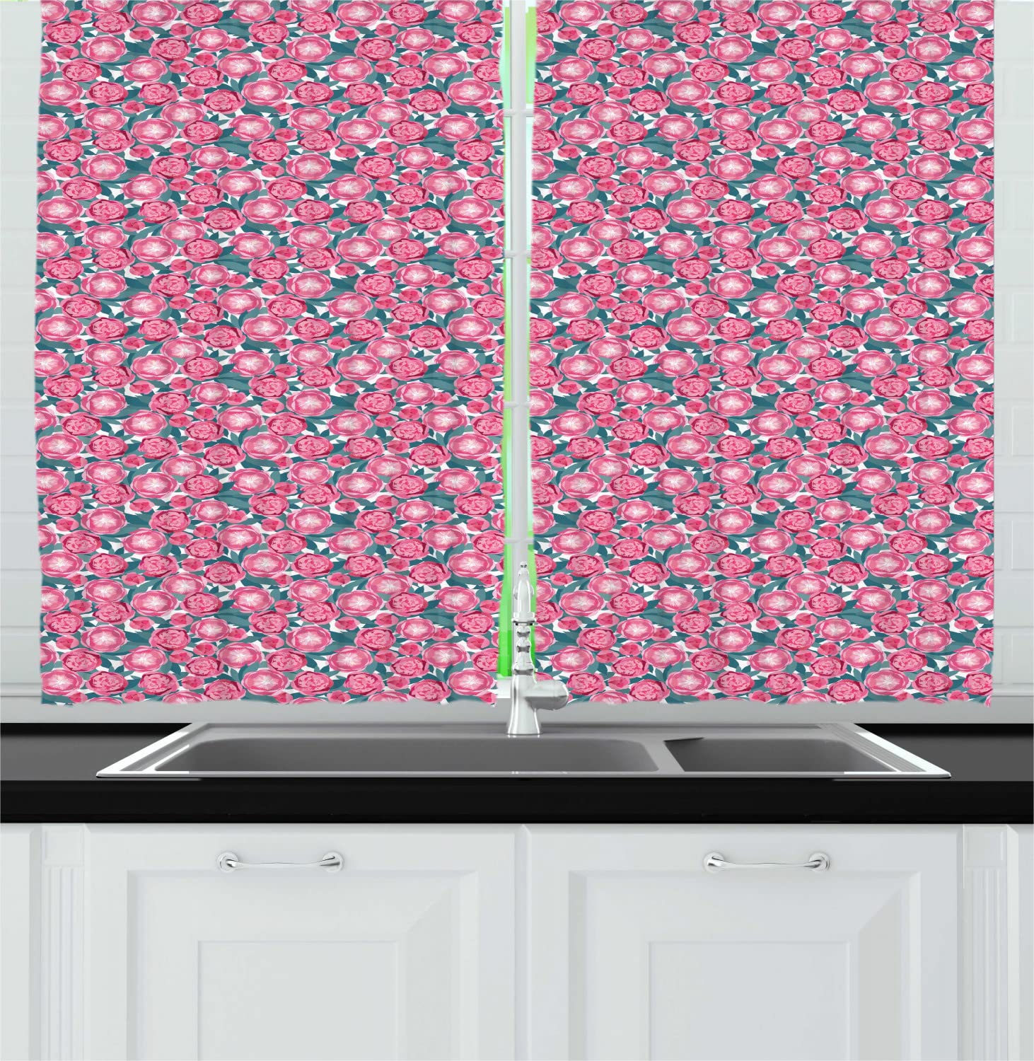 Ambesonne Floral Long Kitchen Curtains Set of 2 - Abstract Pink Peony Blossom Swirl Print Drapes with Rod Pocket, 55 x 45 Inches, Teal Pink Magenta White - Elegant Window Treatment for Dining Room, Cafe, or Farmhouse Decor
