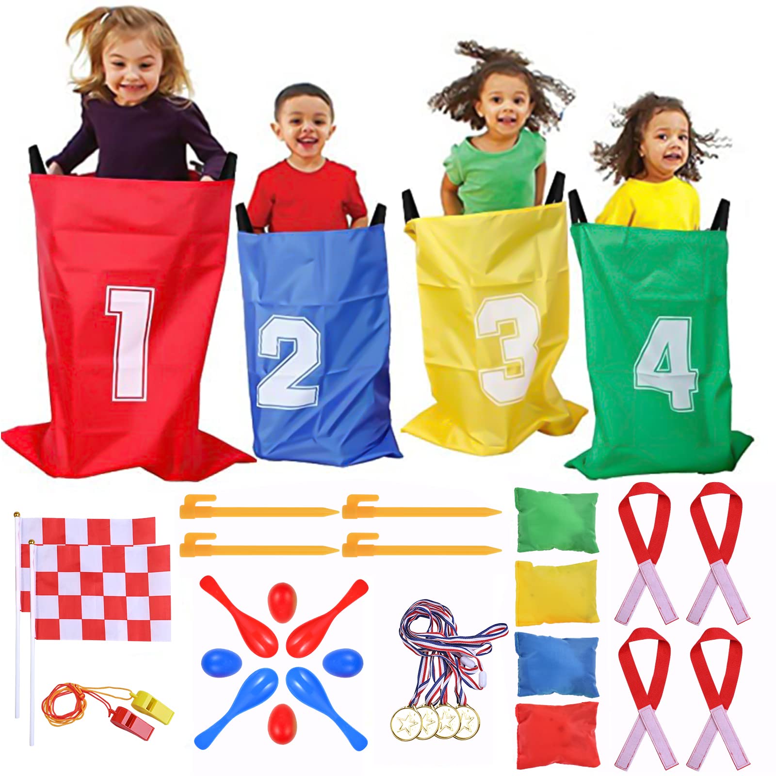 GOLDGE 28-Piece Kids Outdoor Games Set - Potato Sack Race Bags, Bean Bag Toss, 3-Legged Race Bands & Egg Spoon Relay - Perfect for Easter, Birthday Parties & Backyard Fun