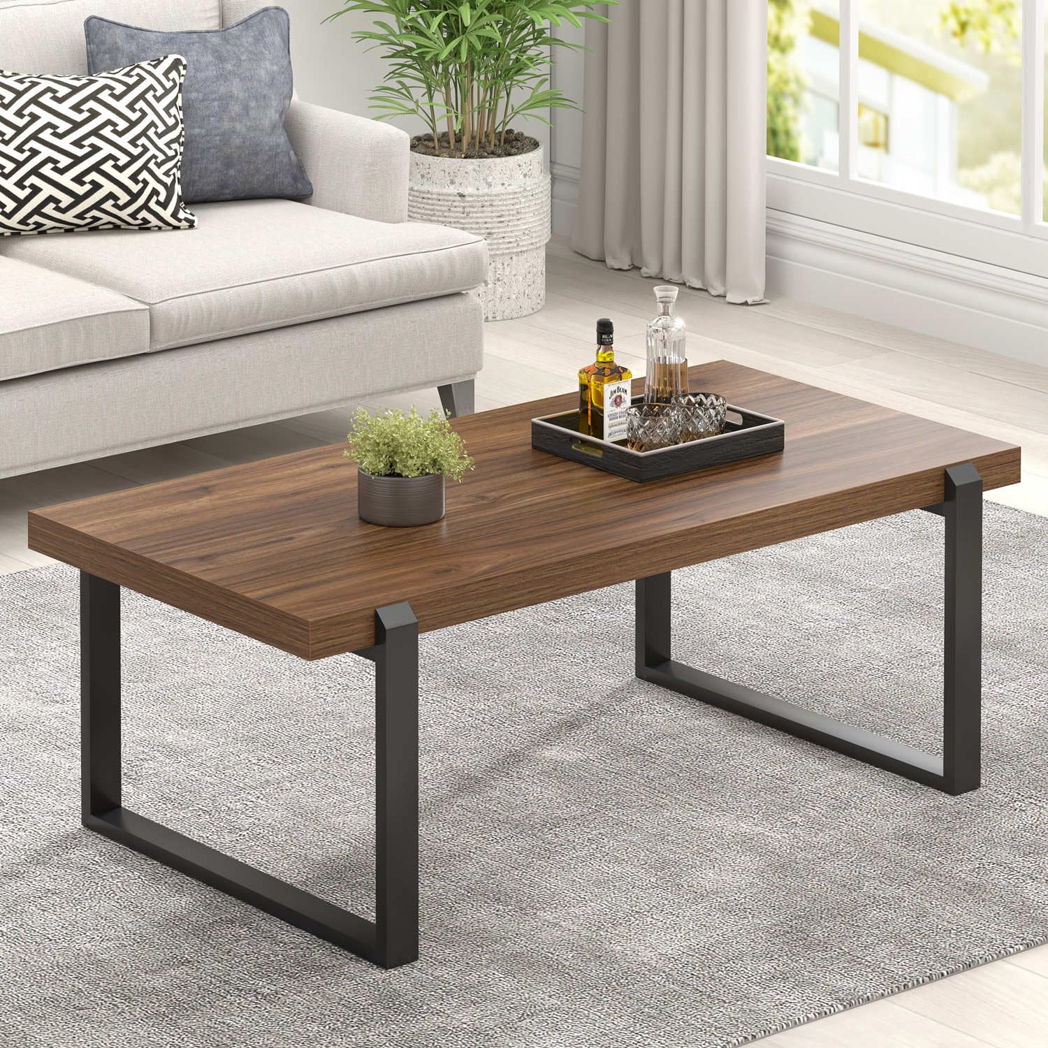 Modern Rustic Coffee Table - 44 Inch Walnut Wood & Metal Industrial Rectangle Cocktail Table for Living Room | Perfect for Home Decor, Entertaining Guests & Small Space Furniture