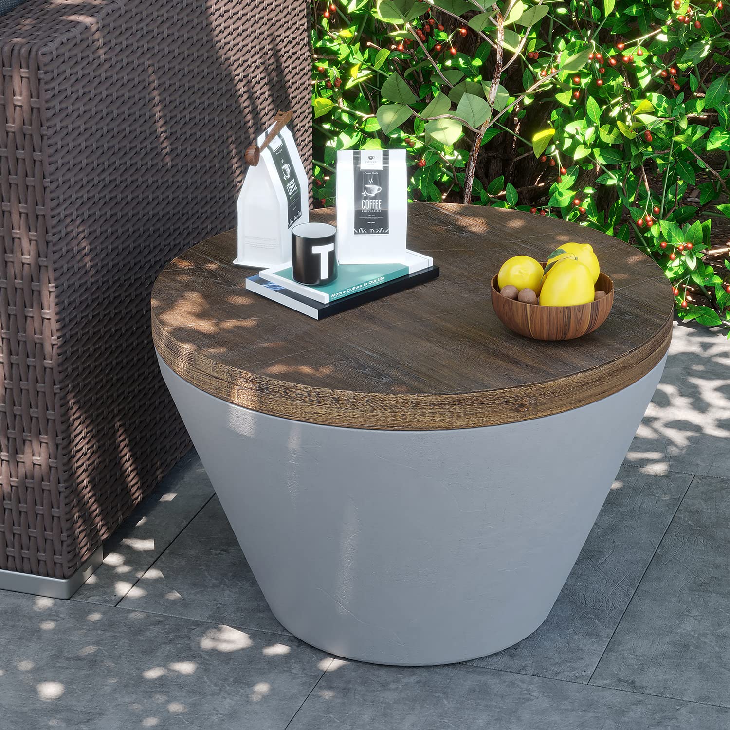 AQUILLA 27 Inch Modern Concrete Coffee Table - Dark Grey Round Bowl Shape End Table for Living Room, Bedroom, or Office - Durable & Stylish Accent Side Table for Home Decor