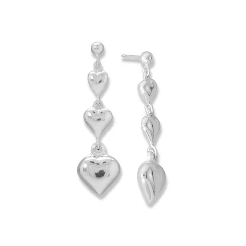 Sterling Silver 3D Puffy Heart Drop Earrings for Women - Elegant Graduated Dangle Earrings for Valentine's Day, Anniversary, Date Night & Special Occasions