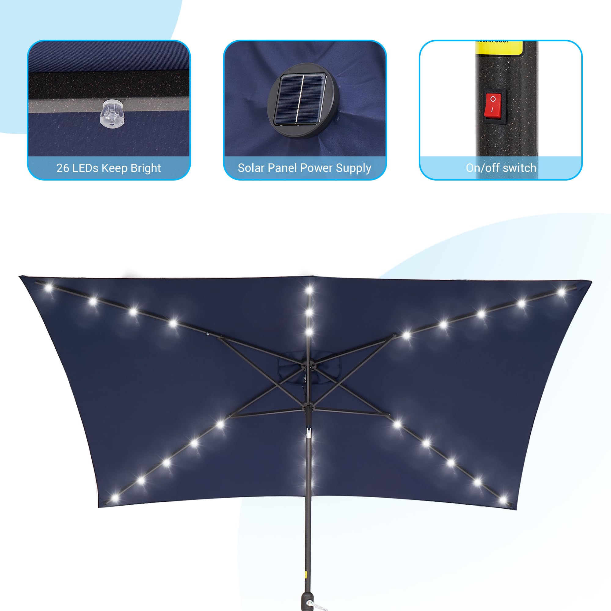 10x6.5ft Rectangle Patio Umbrella with Solar Lights - Adjustable Tilt & Crank Outdoor Sun Shade for Garden, Deck, Backyard, Pool, Beach - Perfect for Outdoor Dining, Lounging and Summer Relaxation