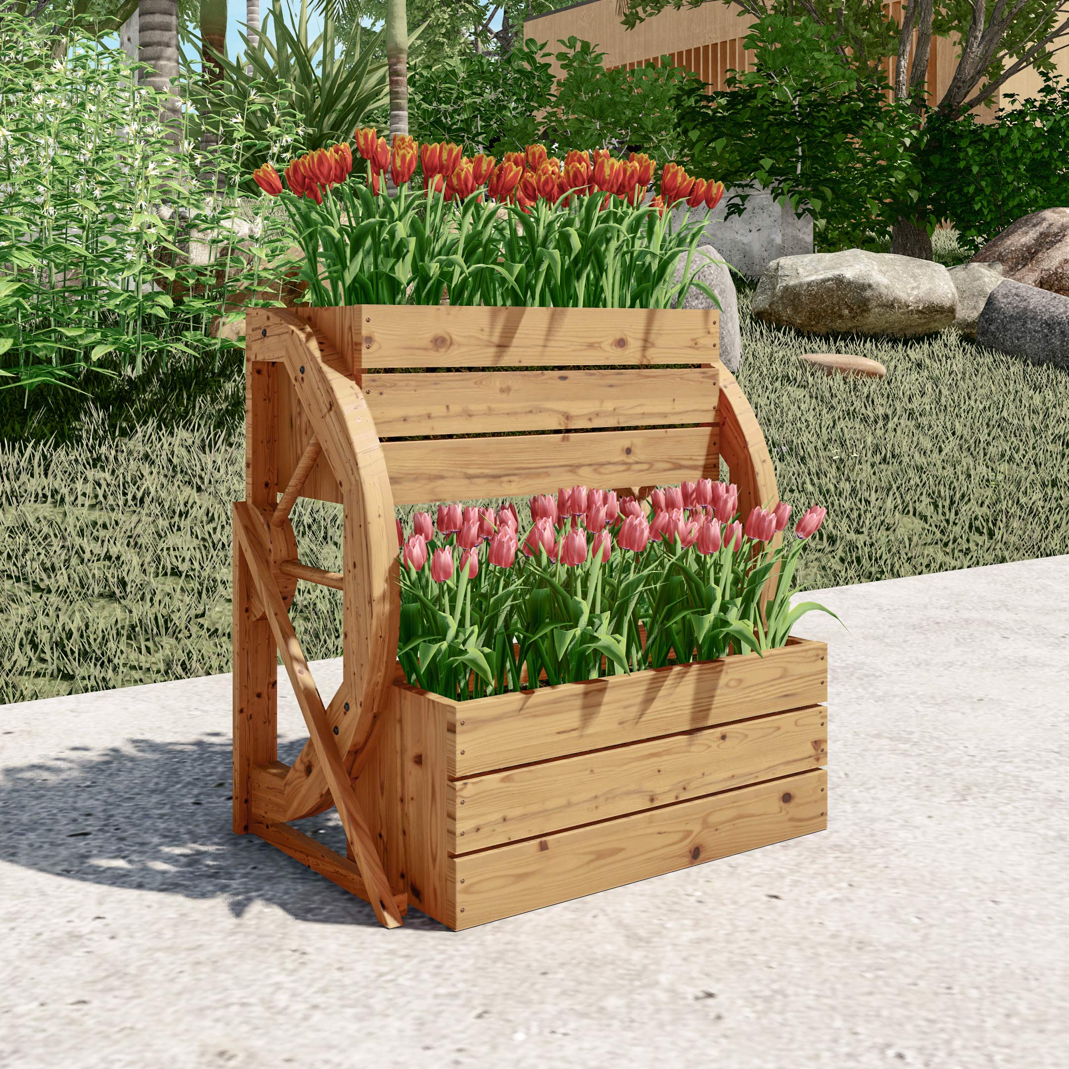 LOKATSE HOME Rustic Wooden Wagon Wheel Double-Tier Planter - Outdoor Garden Decor for Flowers & Plants - Brown Vintage Style Planter Stand for Patio, Yard, and Farmhouse Decor