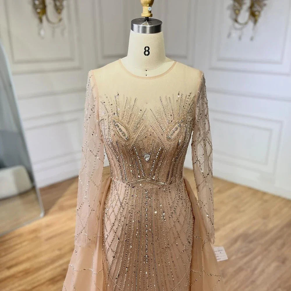 Serene Hill Muslim Beige Elegant Overskirt Mermaid Luxury Beaded Gold Evening Dresses Gowns 2025 For Women - Perfect for Weddings, Prom, Gala & Formal Events