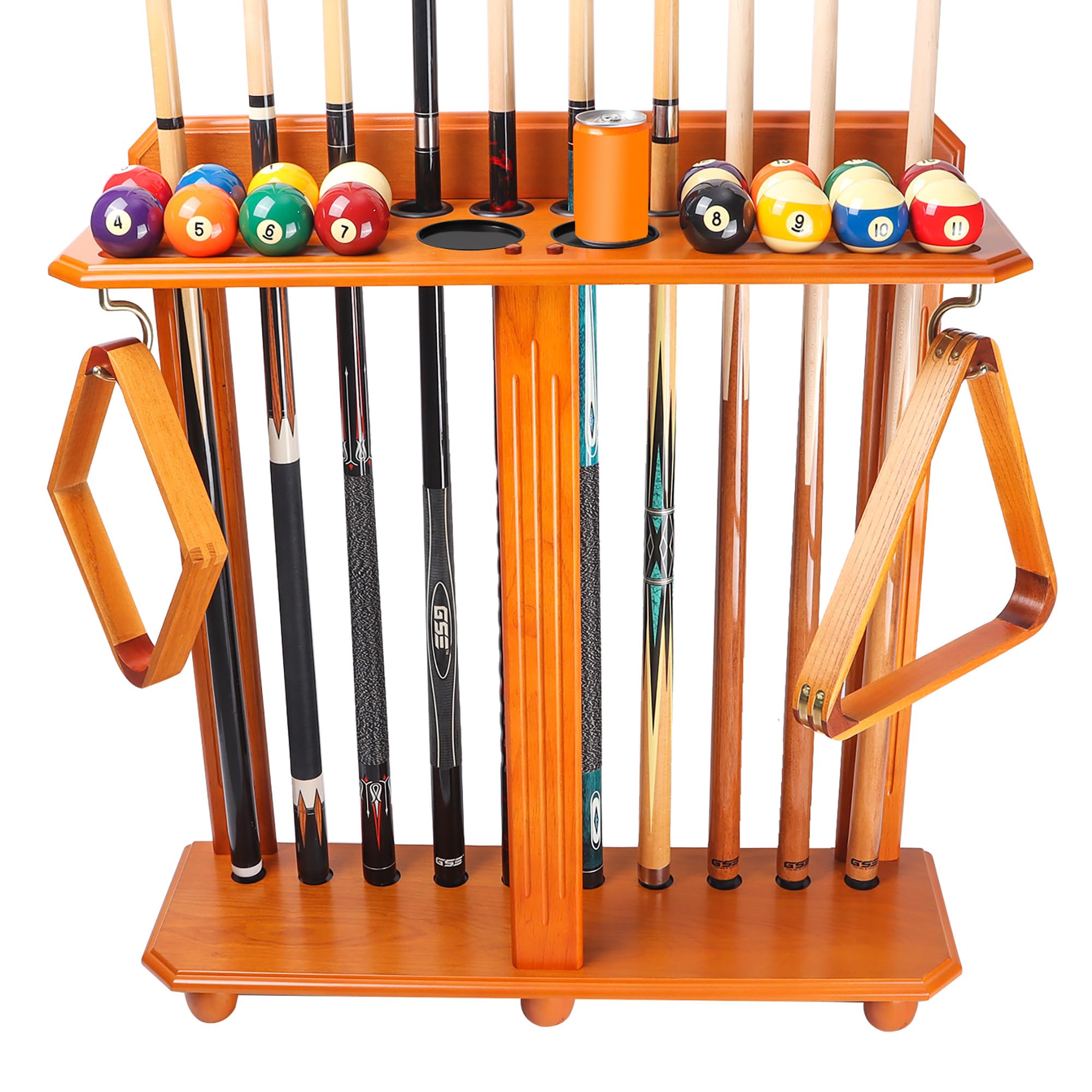 GSE Games & Sports Expert 10-Cue Floor Standing Billiard Rack with 2 Drink Holders & Full Pool Ball Set - Premium Oak Wood Pool Table Accessory for Game Rooms & Bars