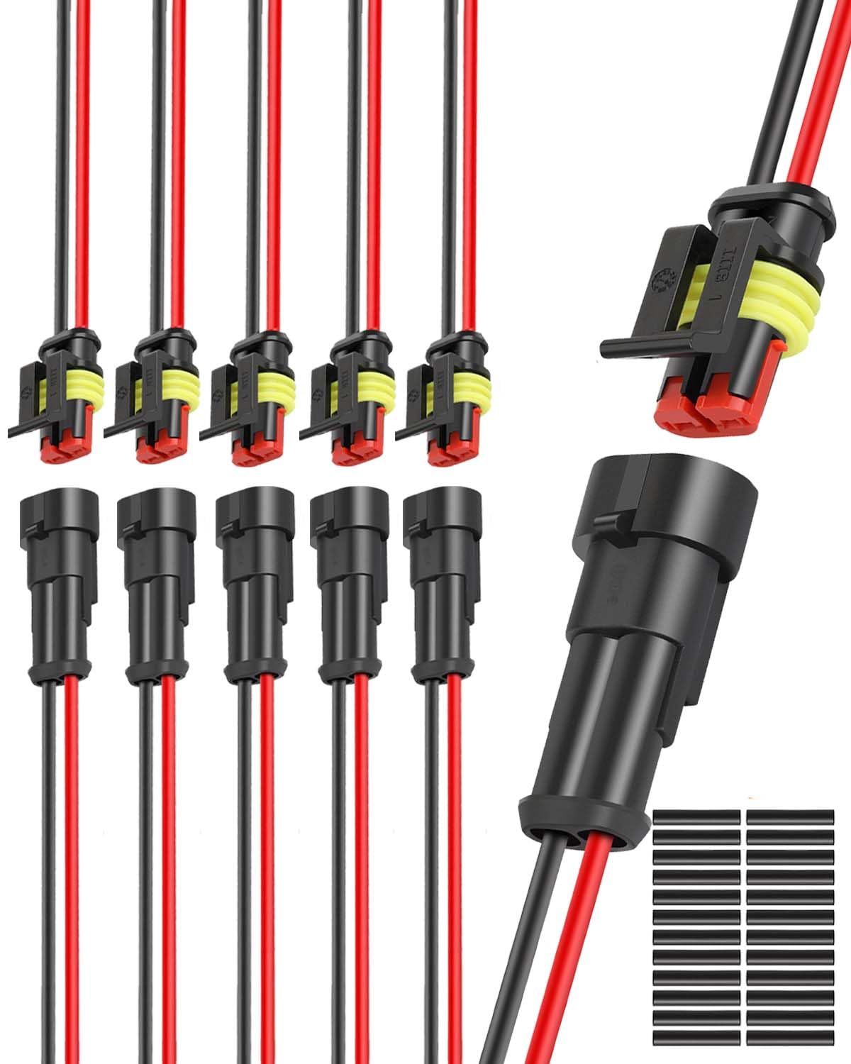 2 Pin Wire Connector 16 AWG Waterproof Automotive Electrical Connectors - Male & Female Plug with Heat Shrink Tubing for Car, Truck, Boat Wiring - 6 Kits for Secure and Durable Electrical Connections