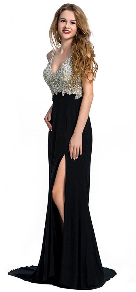 Honeydress Women's Crystal V-Neck Backless Mermaid Prom Dress with Side Slit & Train - Elegant Evening Gown for Homecoming, Pageants & Formal Events