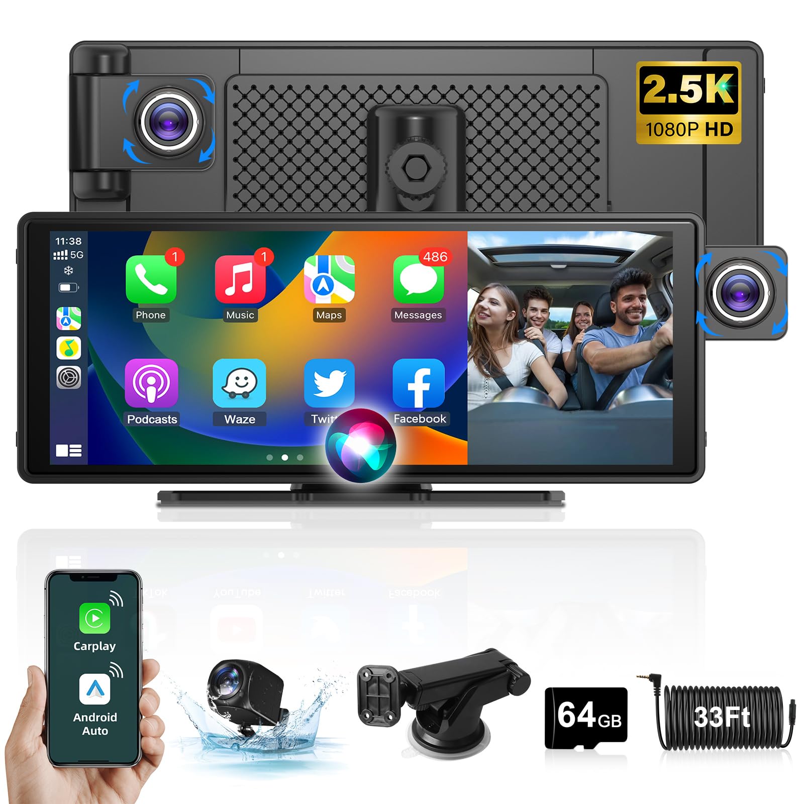 10.26 Inch Apple CarPlay Android Auto Touchscreen Display with Adjustable 2.5K Dashcam, Wireless Driveplay, Rearview Camera, Bluetooth, Mirror Link & 64GB TF Card - Perfect for Car Entertainment and Safe Driving