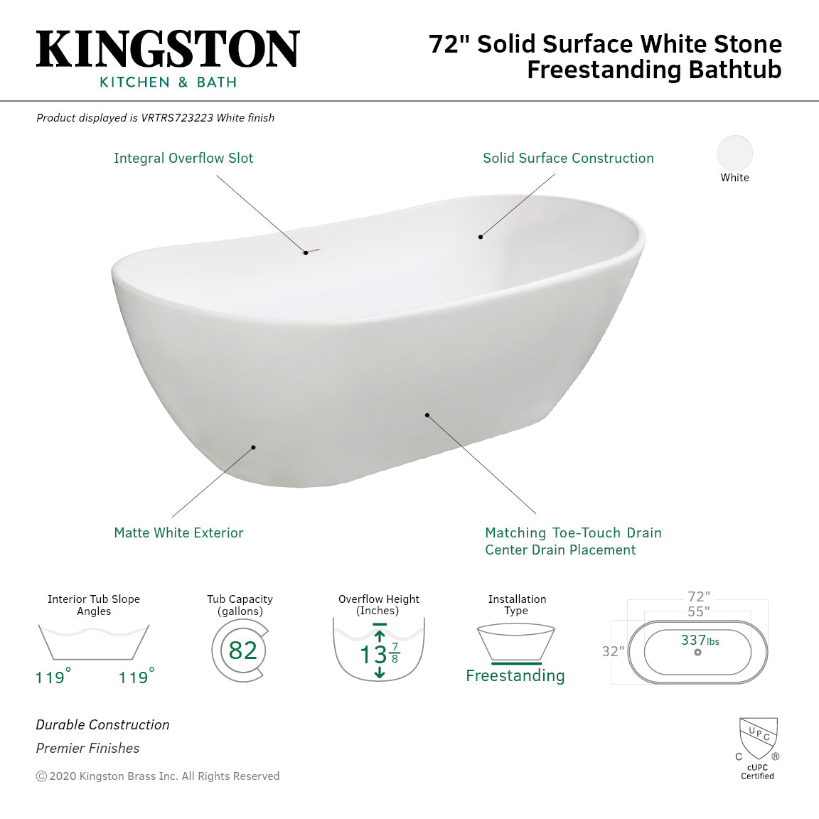 Arcticstone 72 Inch Freestanding Oval Bathtub - Solid Surface Double Slipper Soaking Tub with Drain in Matte White | Perfect for Luxury Bathrooms & Spa Retreats