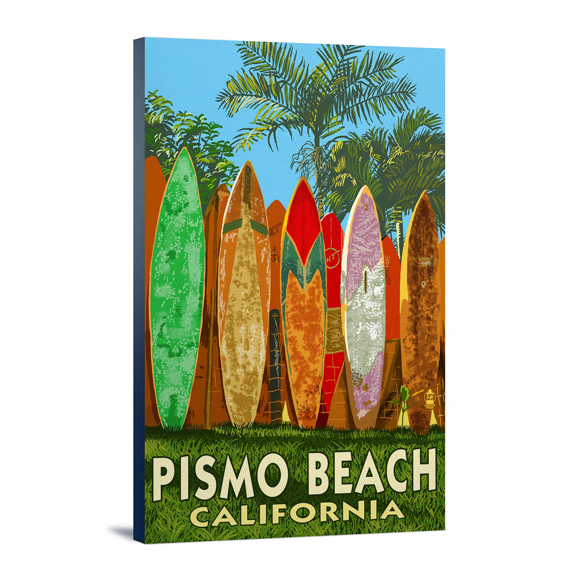 Pismo Beach California Surfboard Fence Wall Art - 24x36 Inch Stretched Canvas Print - Coastal Decor for Beach House, Living Room & Office