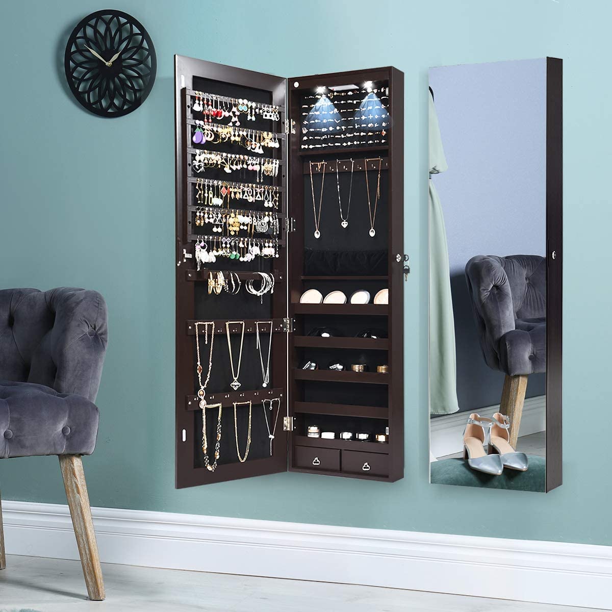Hysache Full-Length Mirror Jewelry Armoire with LED Lights - Lockable Wall Mount Jewelry Cabinet Organizer with Makeup Pouch, Bracelet Rod & Storage for Necklaces, Rings - Perfect for Bedroom, Dressing Room & Vanity (Brown)