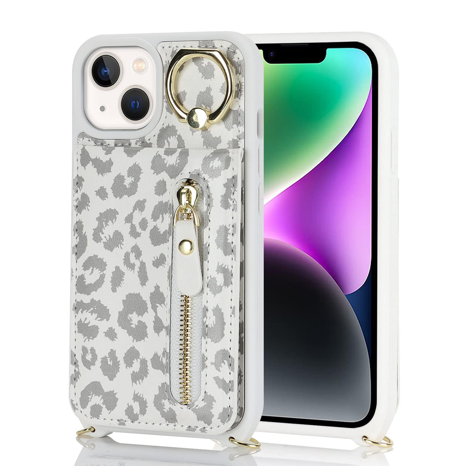 iPhone 13 Phone Case with Card Holder & Strap - Women's Crossbody Bag with Ring Stand & Zipper Wallet - White Leopard Print - Perfect for Travel, Shopping & Everyday Use