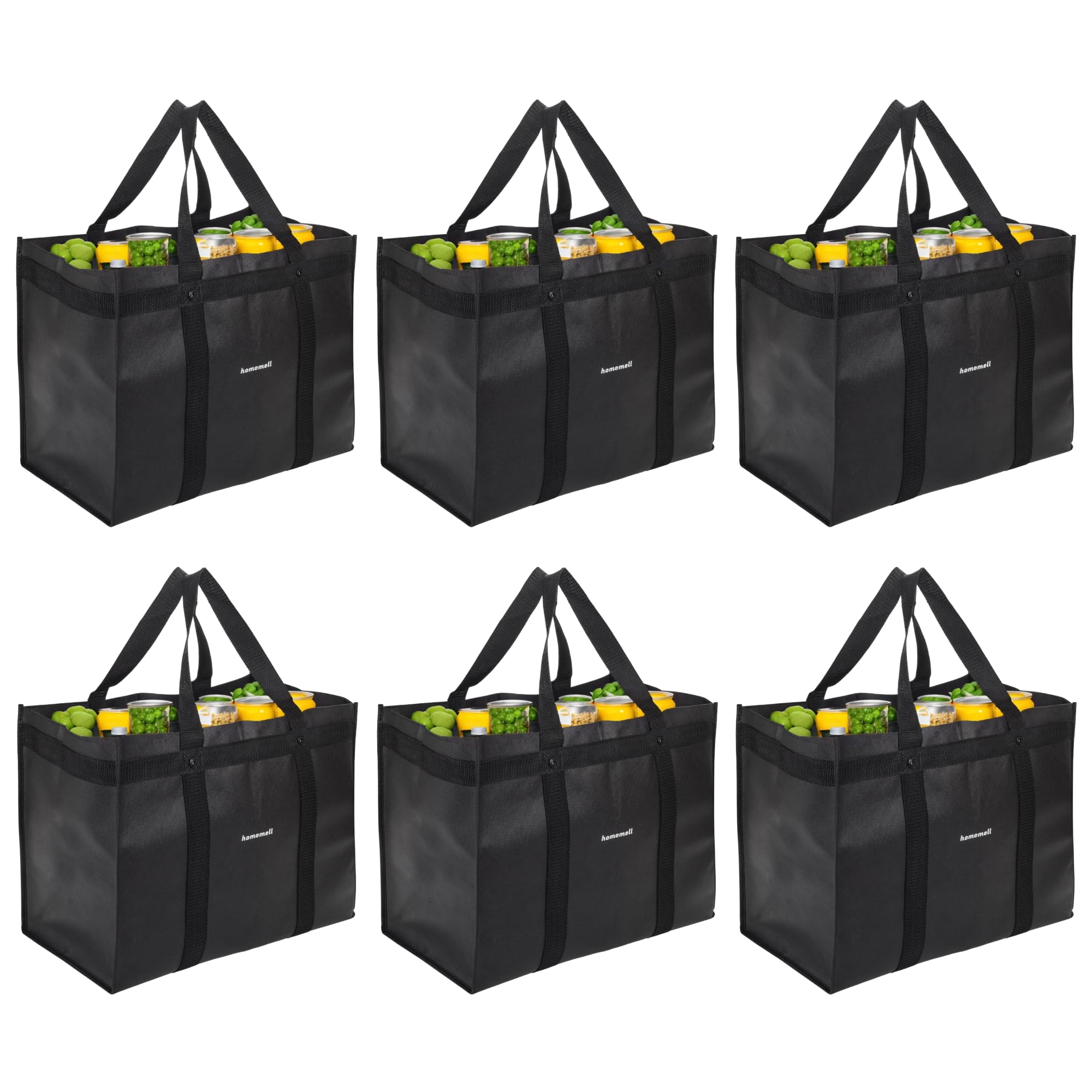 Homemell Heavy Duty Reusable Grocery Bags - 6-Pack Large Collapsible Tote Bags with 100 LB Capacity | Extra-Strong Premium Material (Black) | Perfect for Shopping, Travel & Storage