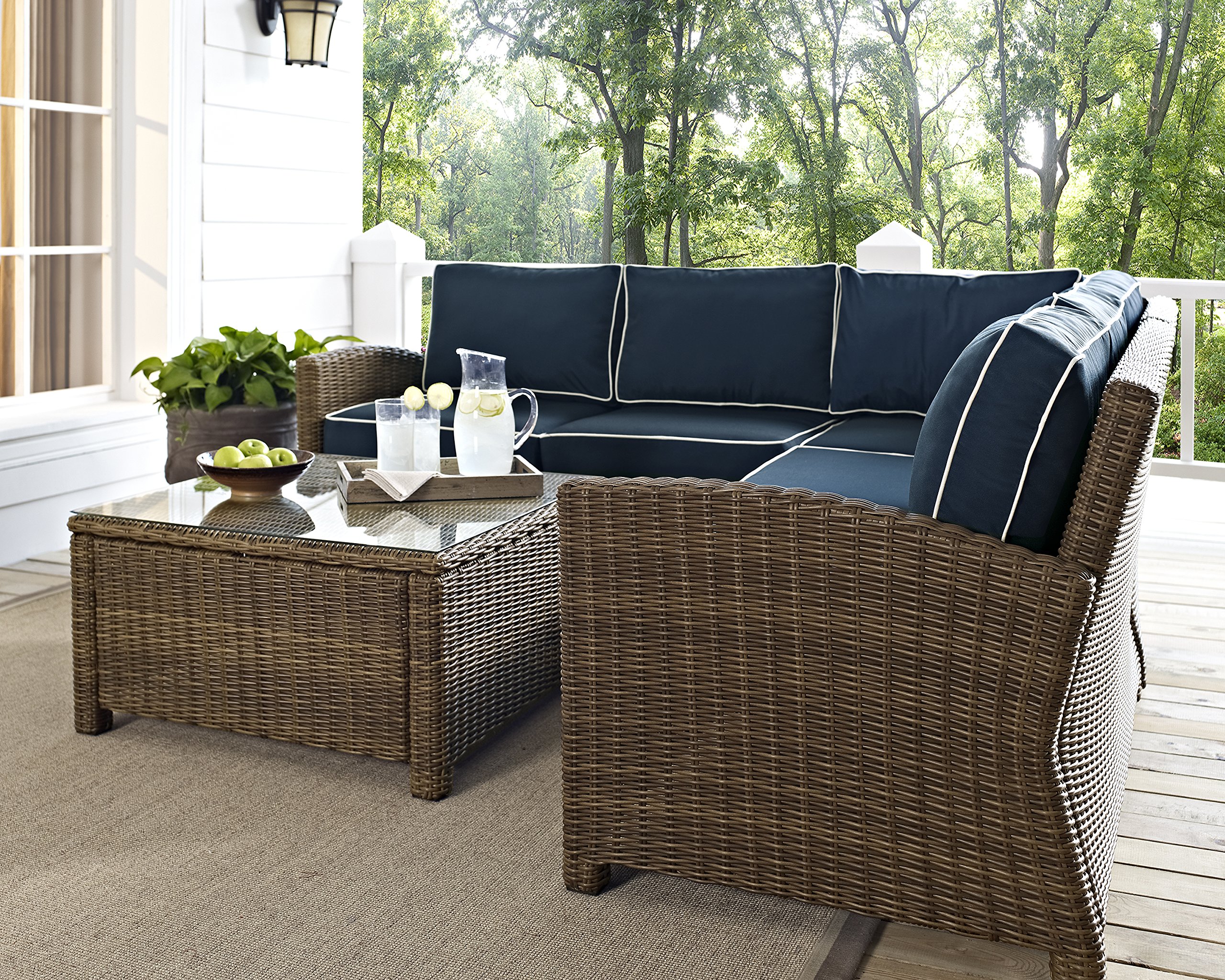 Crosley Furniture Bradenton 5-Piece Outdoor Sectional Sofa Set - All-Weather Wicker Patio Furniture with Navy Cushions for Deck, Garden & Backyard Relaxation