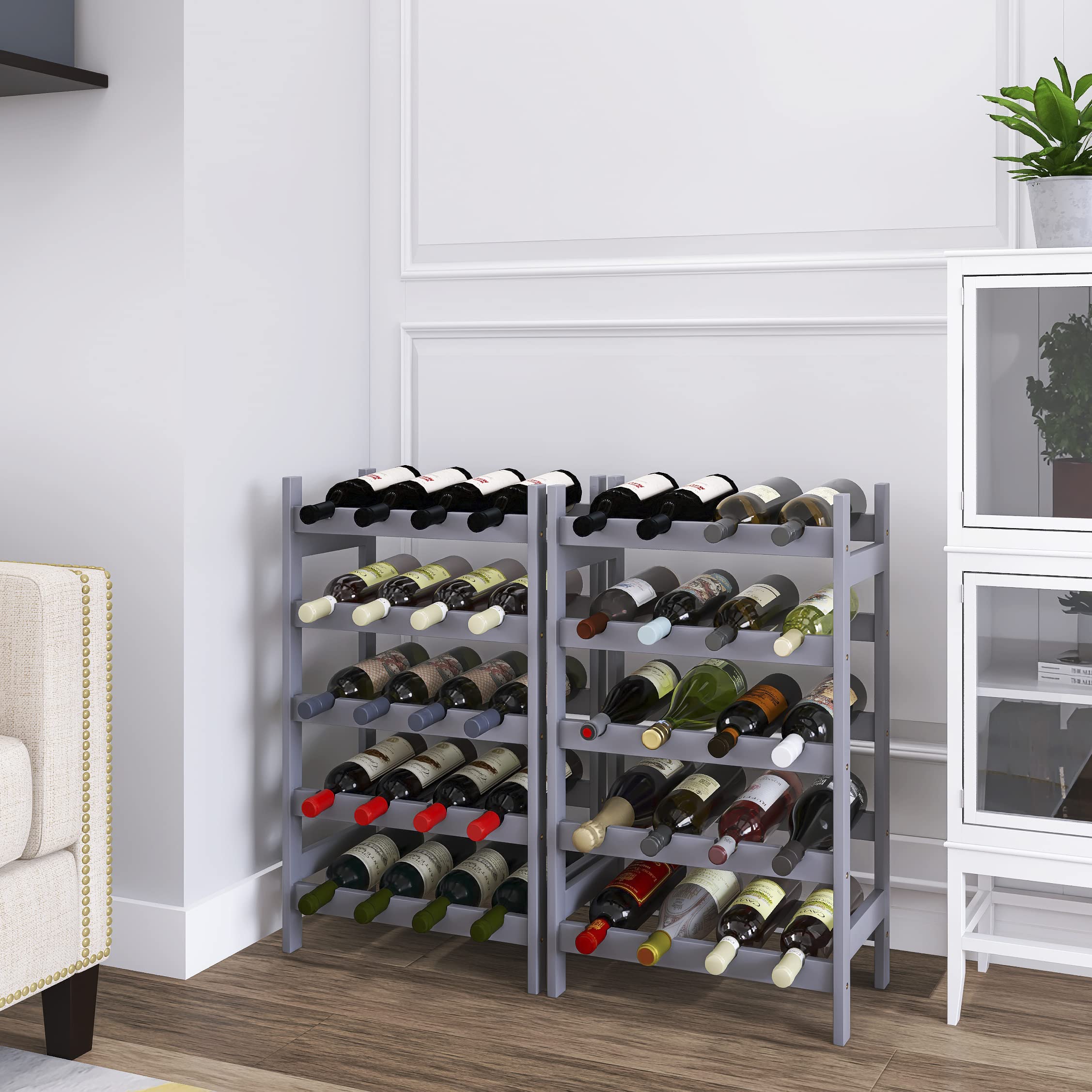 SMIBUY 5-Tier Bamboo Wine Rack - 20 Bottle Capacity, Freestanding Wine Display Holder for Kitchen, Bar, Cellar & Pantry Storage - Durable & Stylish Gray Finish - Perfect for Home Entertaining & Wine Collection Organization