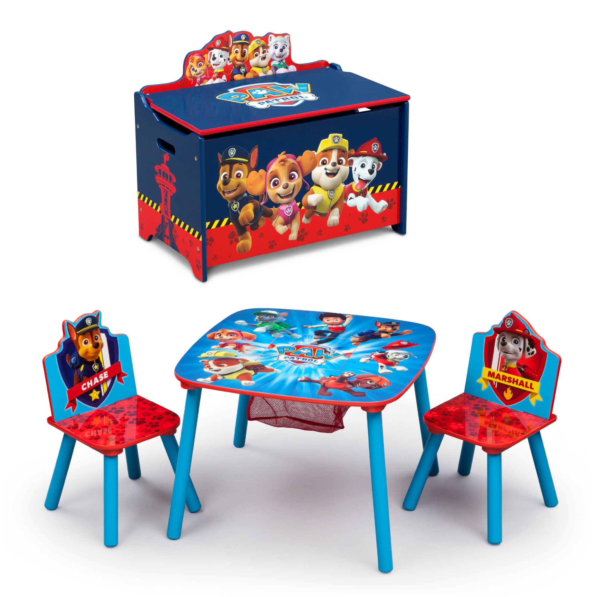 PAW Patrol 4-Piece Kids Playroom Set with Table, 2 Chairs & Deluxe Toy Storage Box | Toddler Furniture for Playroom, Bedroom or Nursery | Perfect for Playtime, Learning & Organization