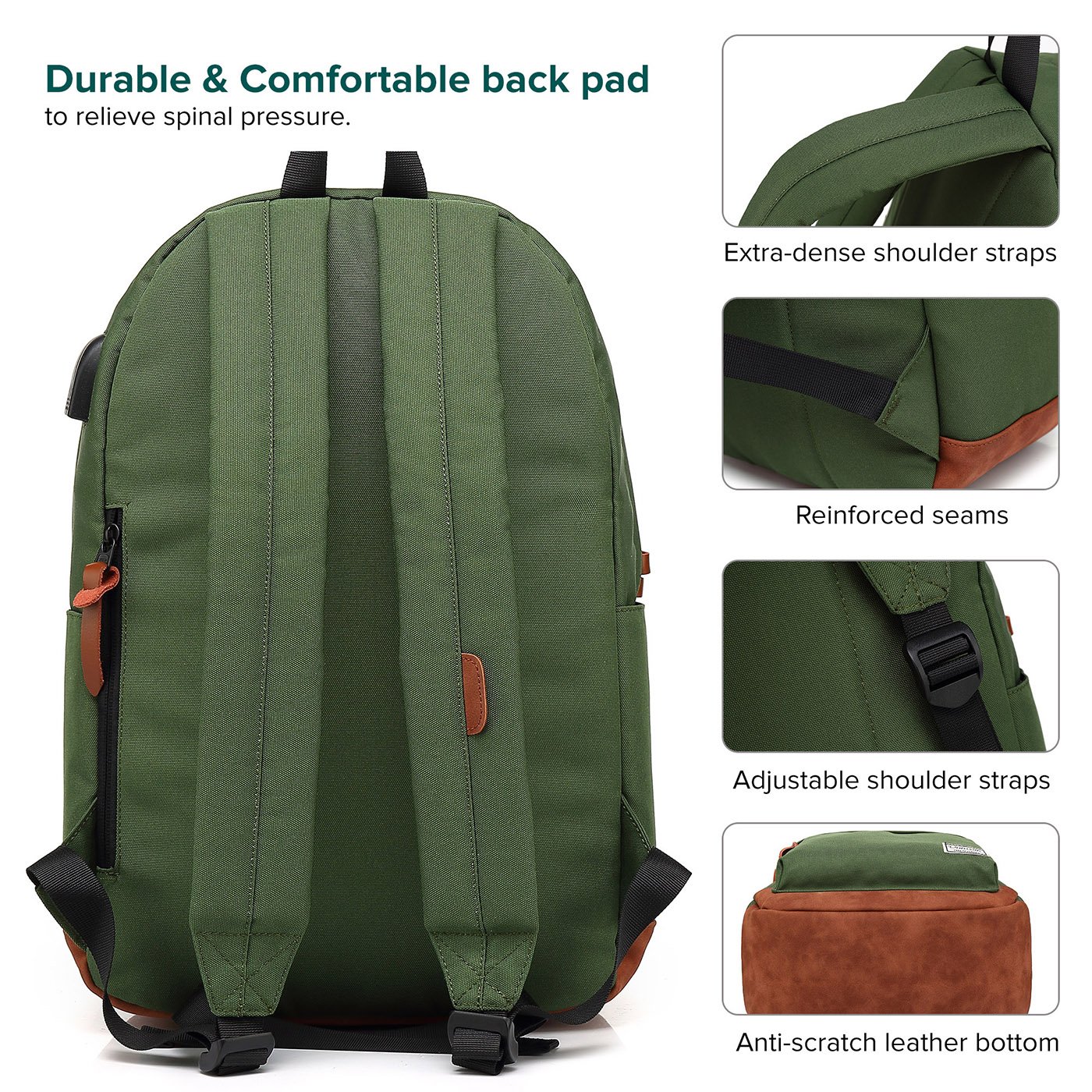 Waterproof College Backpack with USB Charging Port & Anti-Theft Design - Slim Laptop Backpack for Men & Women Fits 14-15 Inch MacBook/Computer - Perfect for School, Travel & Commuting (Green)