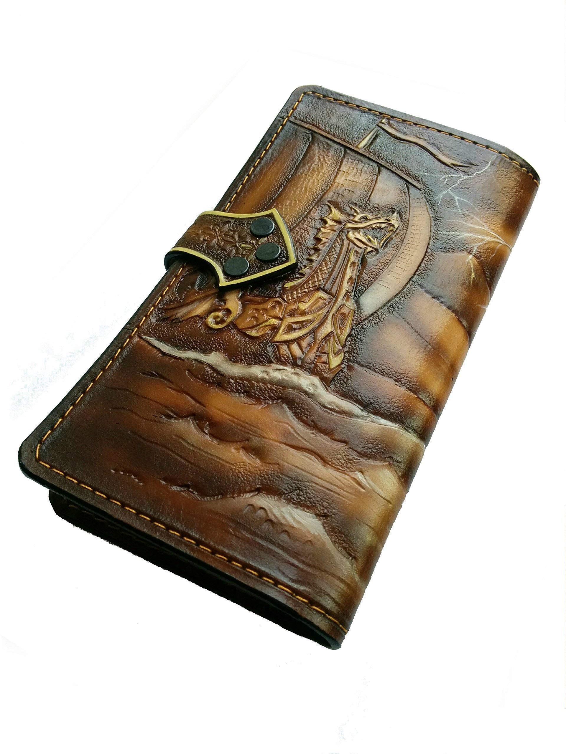 Viking Longship & Thor Hammer Mjölnir 3D Genuine Leather Men's Wallet - Handmade Biker Wallet with Airbrush Art, Custom Carved Design - Perfect for Gifts, Travel & Everyday Use