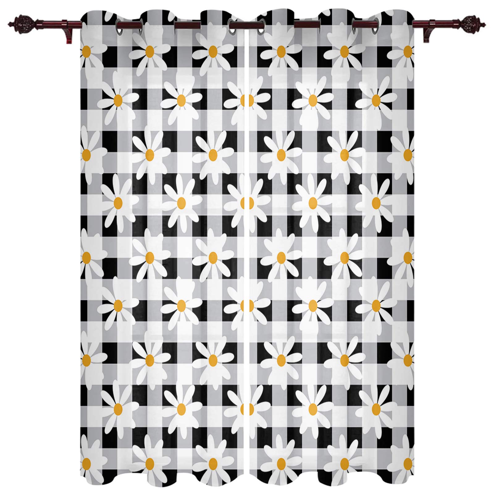 Sheer Curtains with Farm Daisies & Rustic Buffalo Plaid Print - 2 Panels, 72 Inch Length, Grommet Top for Easy Hanging - Perfect for Kitchen, Living Room, Bedroom, and Patio Door Window Treatments