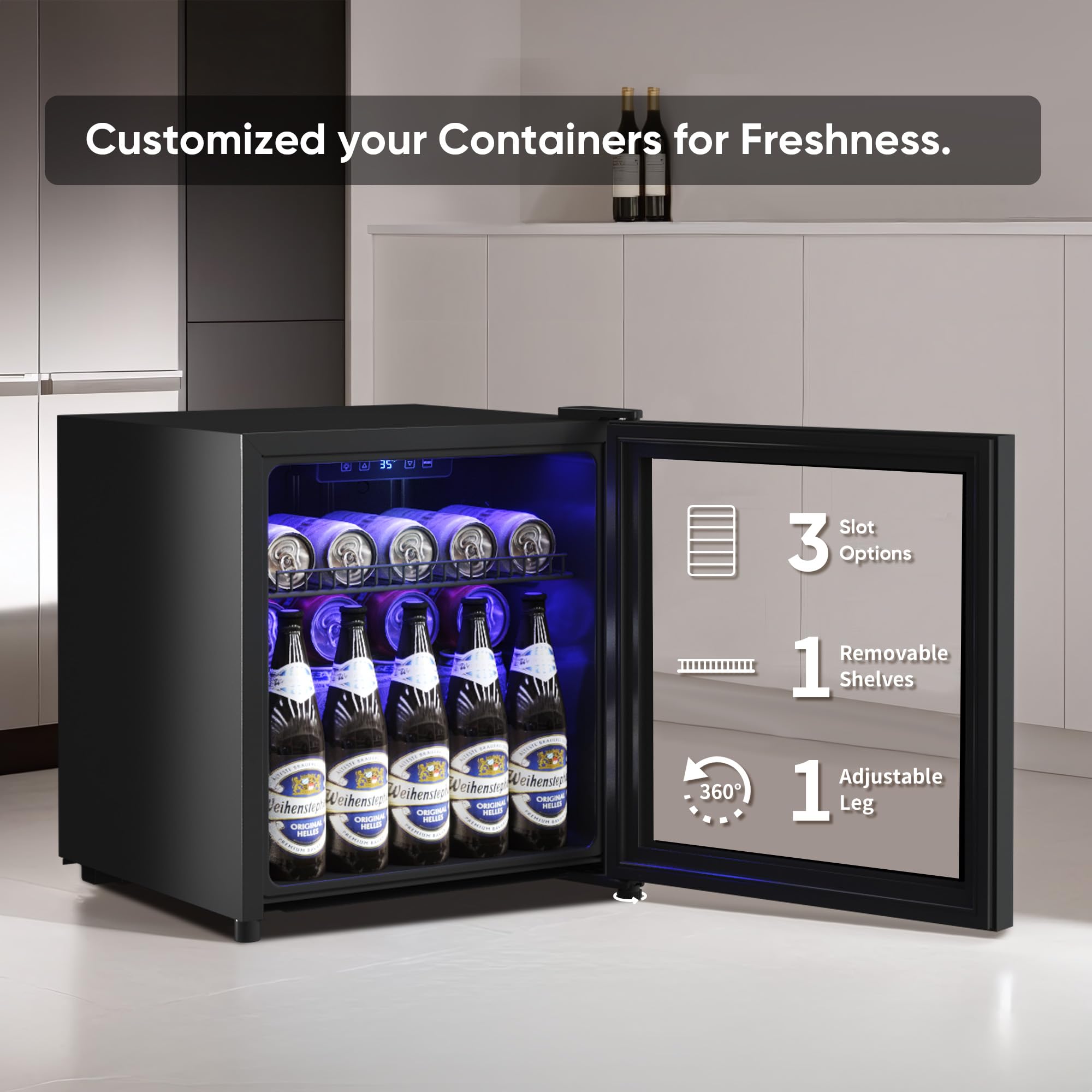 68 Can Mini Fridge - 1.75 Cu Ft Compact Beverage Cooler with Glass Door, Adjustable Shelves & Digital Display | Perfect for Soda, Beer, Wine in Home, Office, Dorm or Bar | Black Freestanding Drink Refrigerator