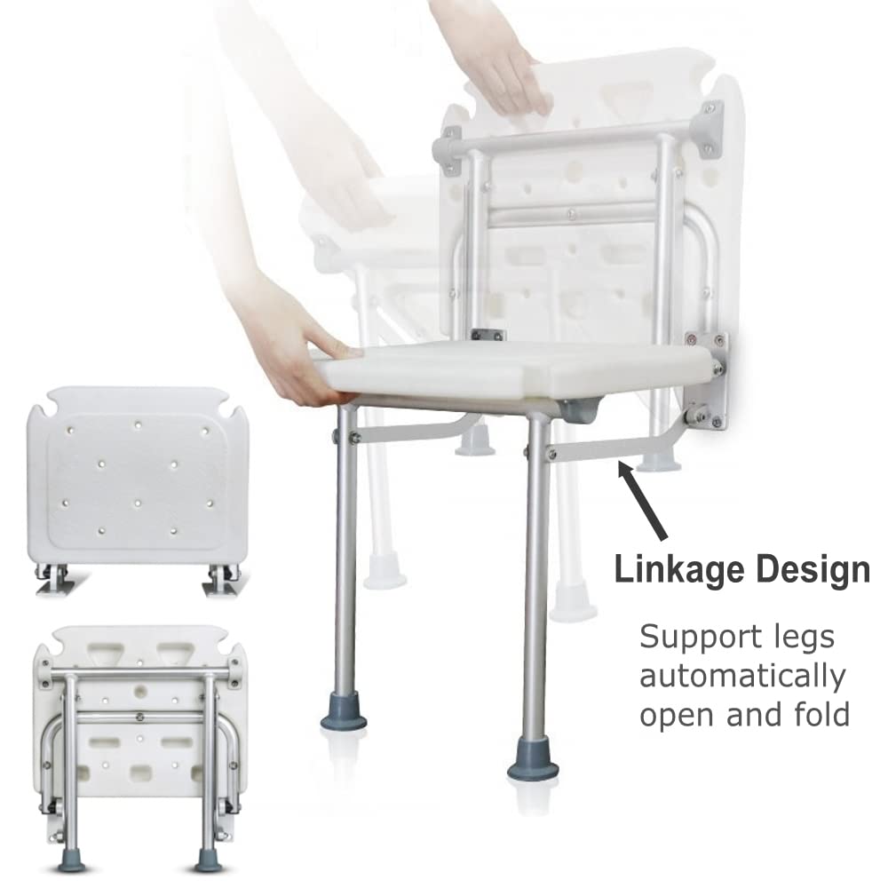Foldable Wall Mounted Shower Chair - Adjustable Bath Bench with Support Legs for Elderly, Disabled & Pregnant Women | Non-Slip Bathroom Safety Stool for Seniors & Adults | Perfect for Small Showers, Bathtubs & Mobility Assistance