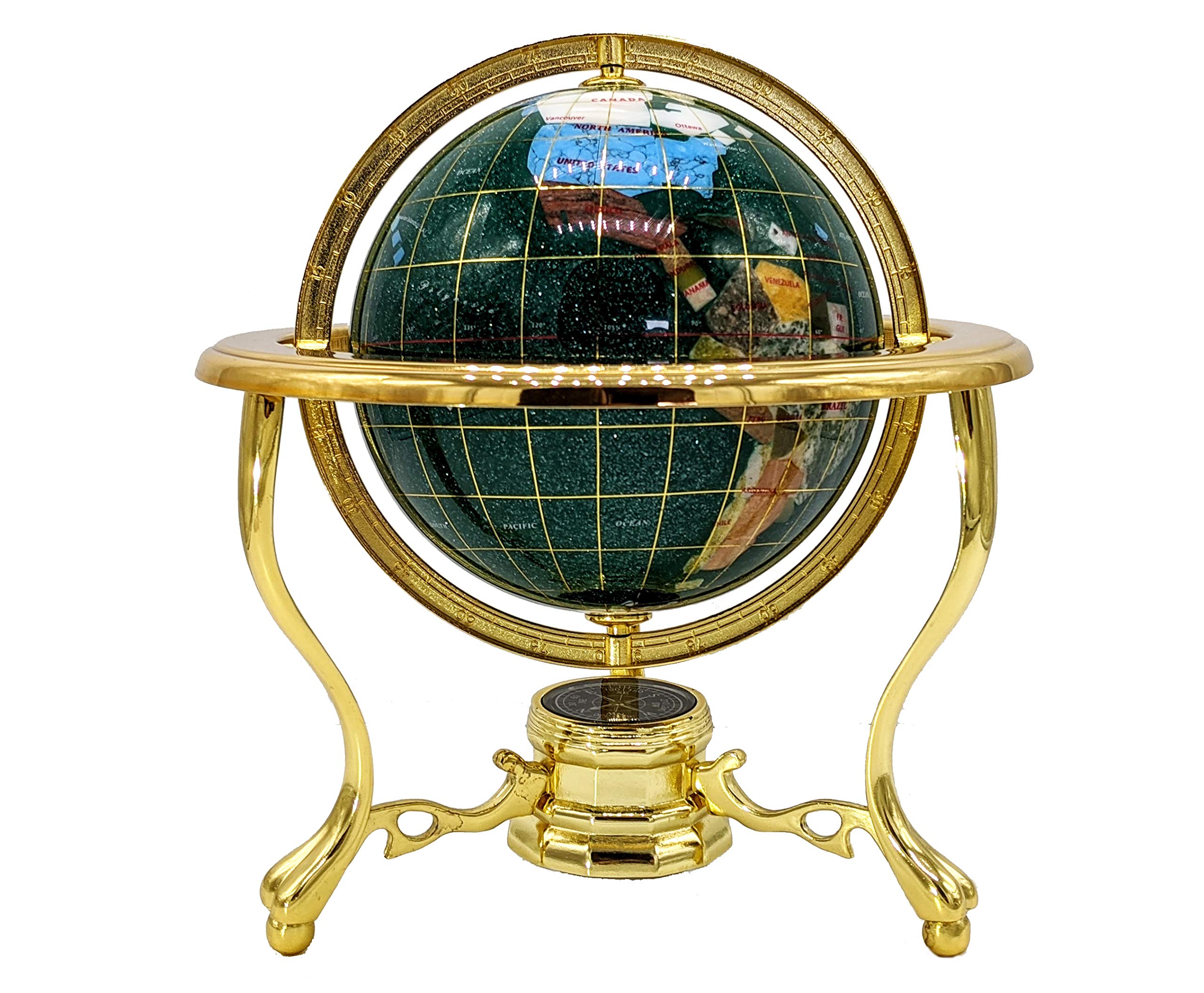 11-Inch Green Crystallite Ocean Gemstone Globe with 3-Leg Gold Stand - Unique Handcrafted Art Piece Since 1996 - Perfect for Home Decor, Office Desk & Gift Giving