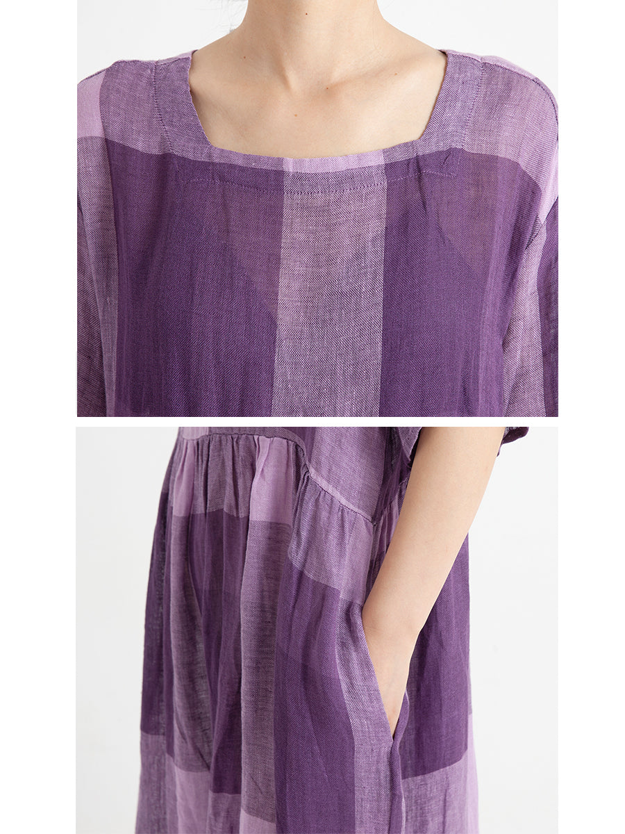 Plus Size Linen Casual Summer Short Sleeve Loose Pleated Dress - Flowy Women's Maxi Dress for Beach, Vacation & Everyday Wear