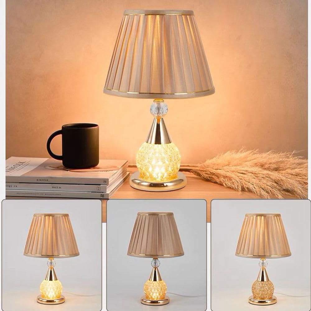 Elegant Tawny Glass Table Lamp with Fabric Lampshade - Bedroom, Study & Office Desk Lighting for Home Decor | Perfect for Reading, Working & Ambient Lighting